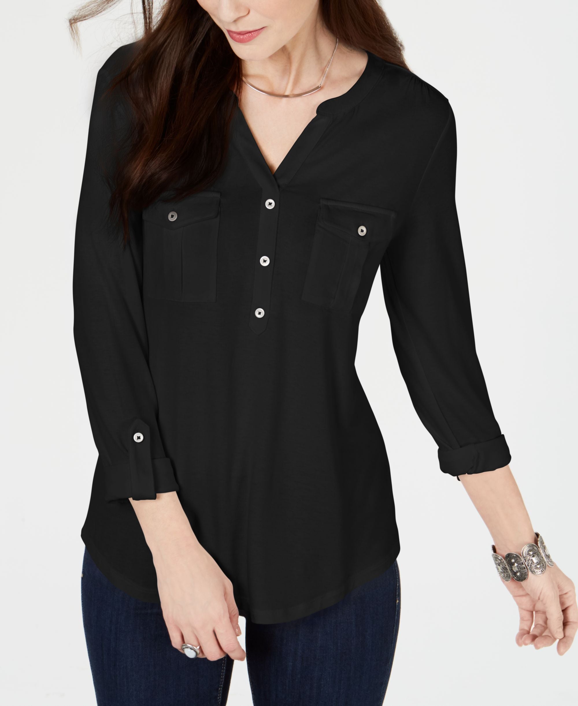 Style & Co Split Neck Roll Tab Sleeve Top