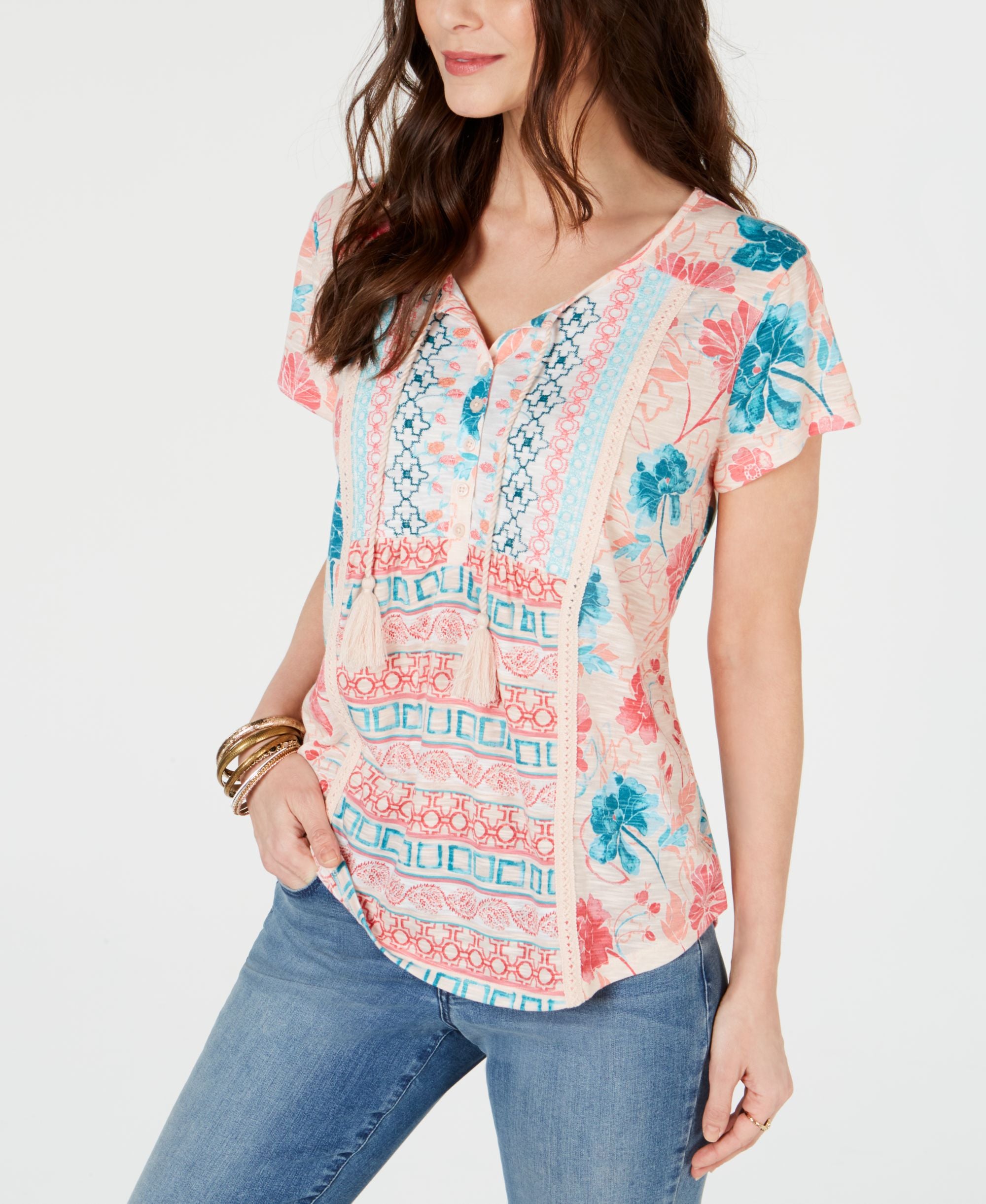 Style & Co Petite Crochet Trim Top
