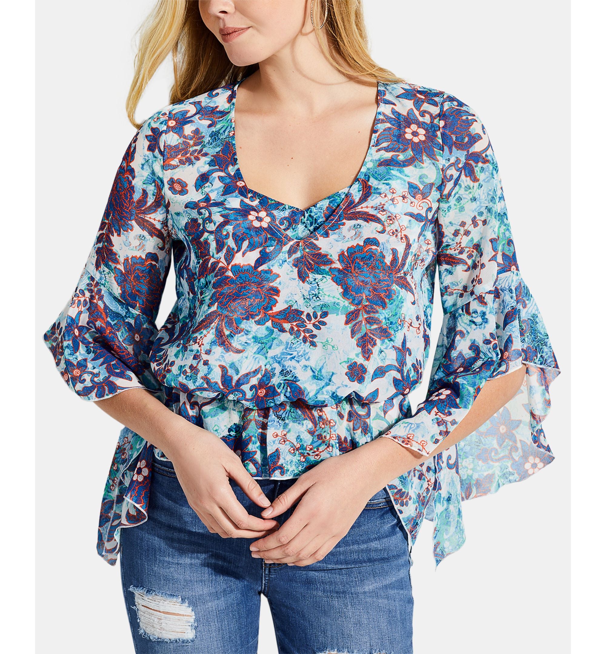 Guess Jiya Printed Ruffled Bell Sleeve Top