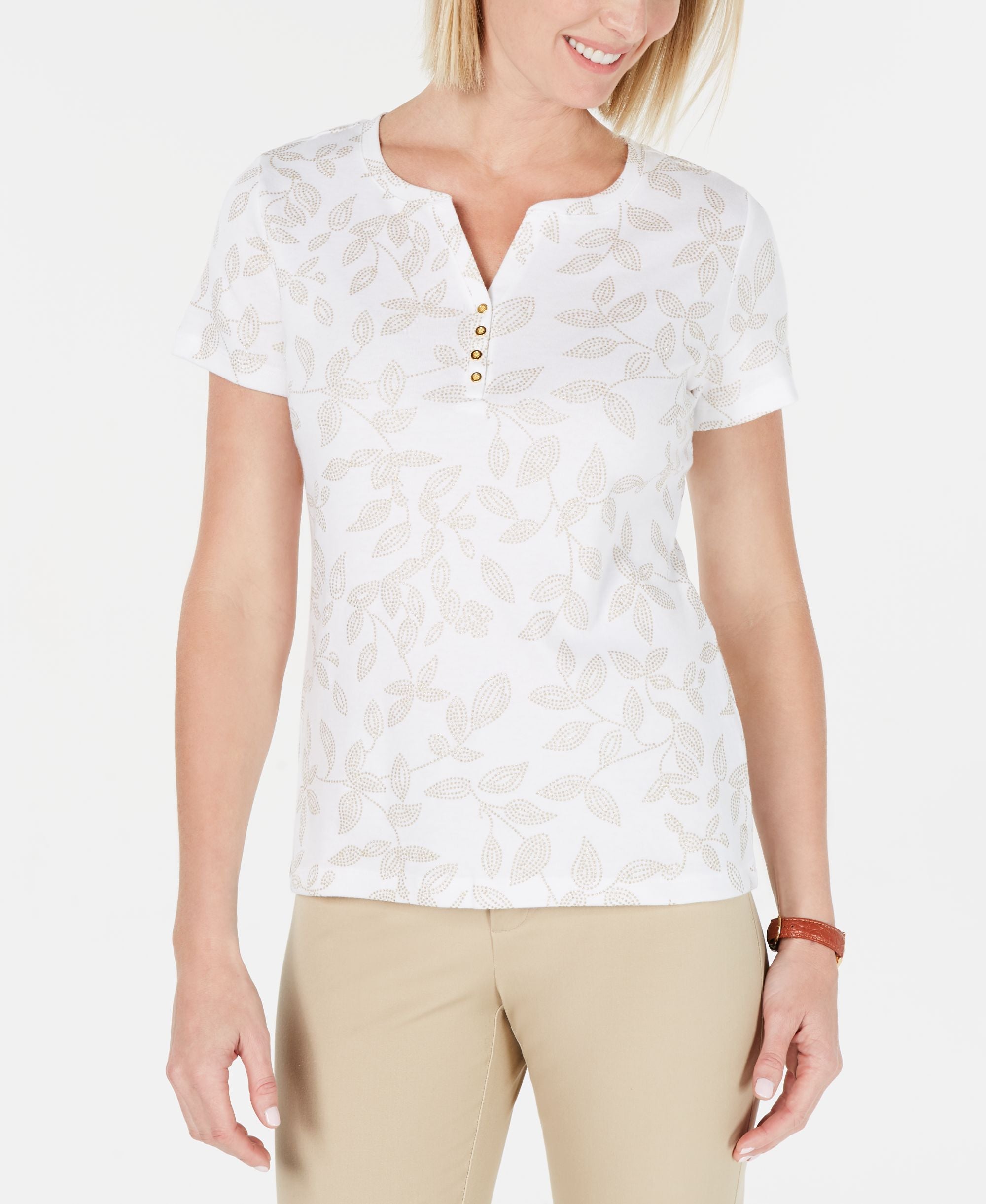 Karen Scott Glitter Print Henley T-Shirt