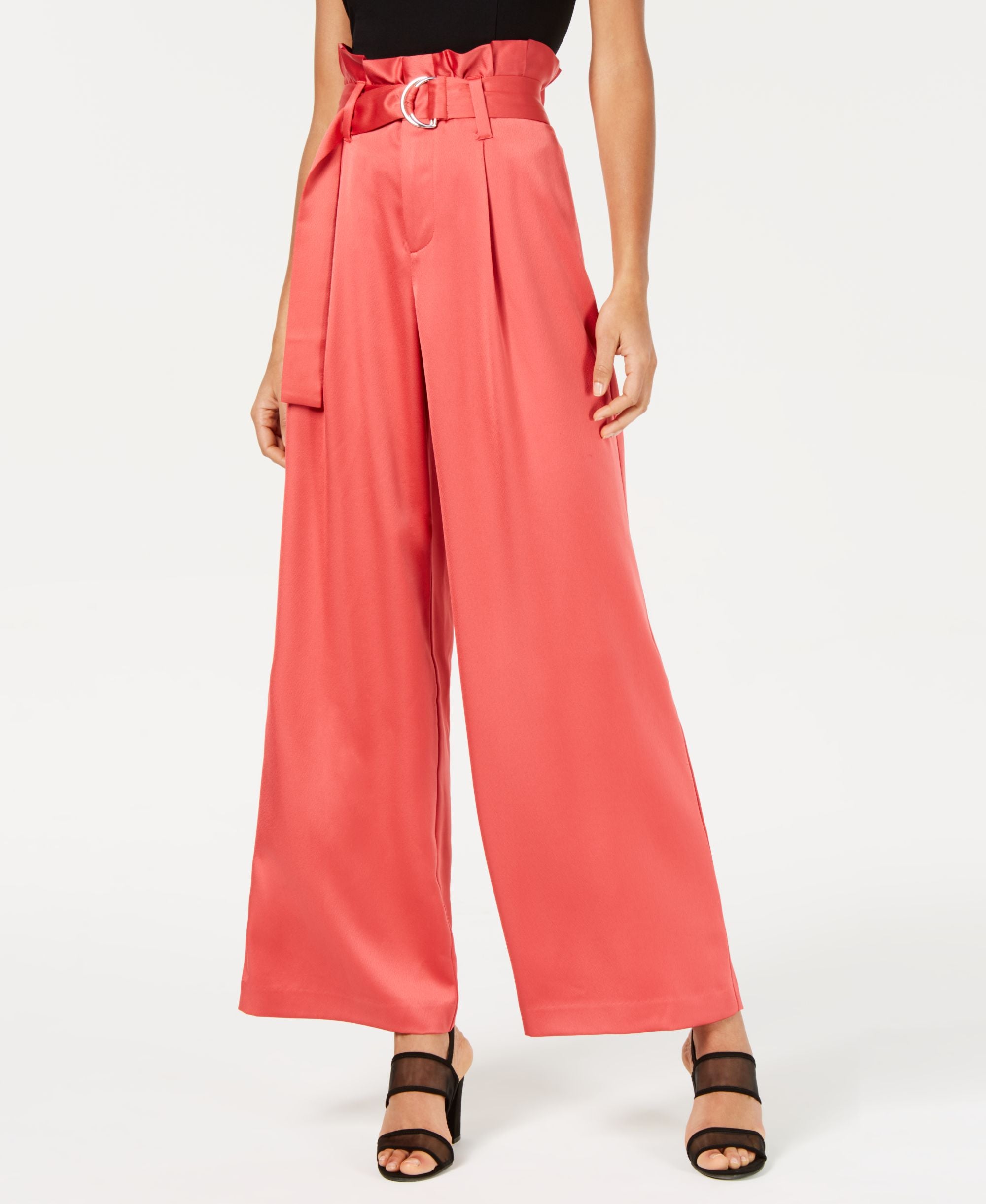 Satin Belted Paperbag-Waist Wide-Leg Pants