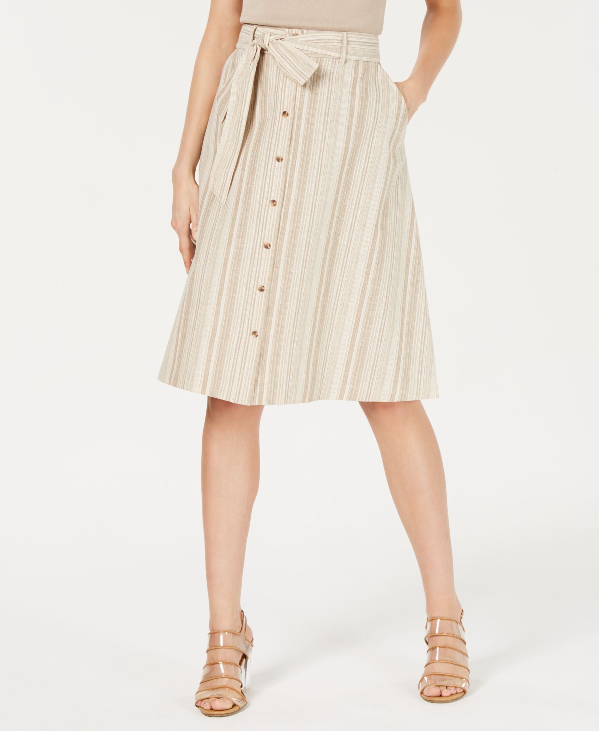 Striped Button-Front Midi Skirt