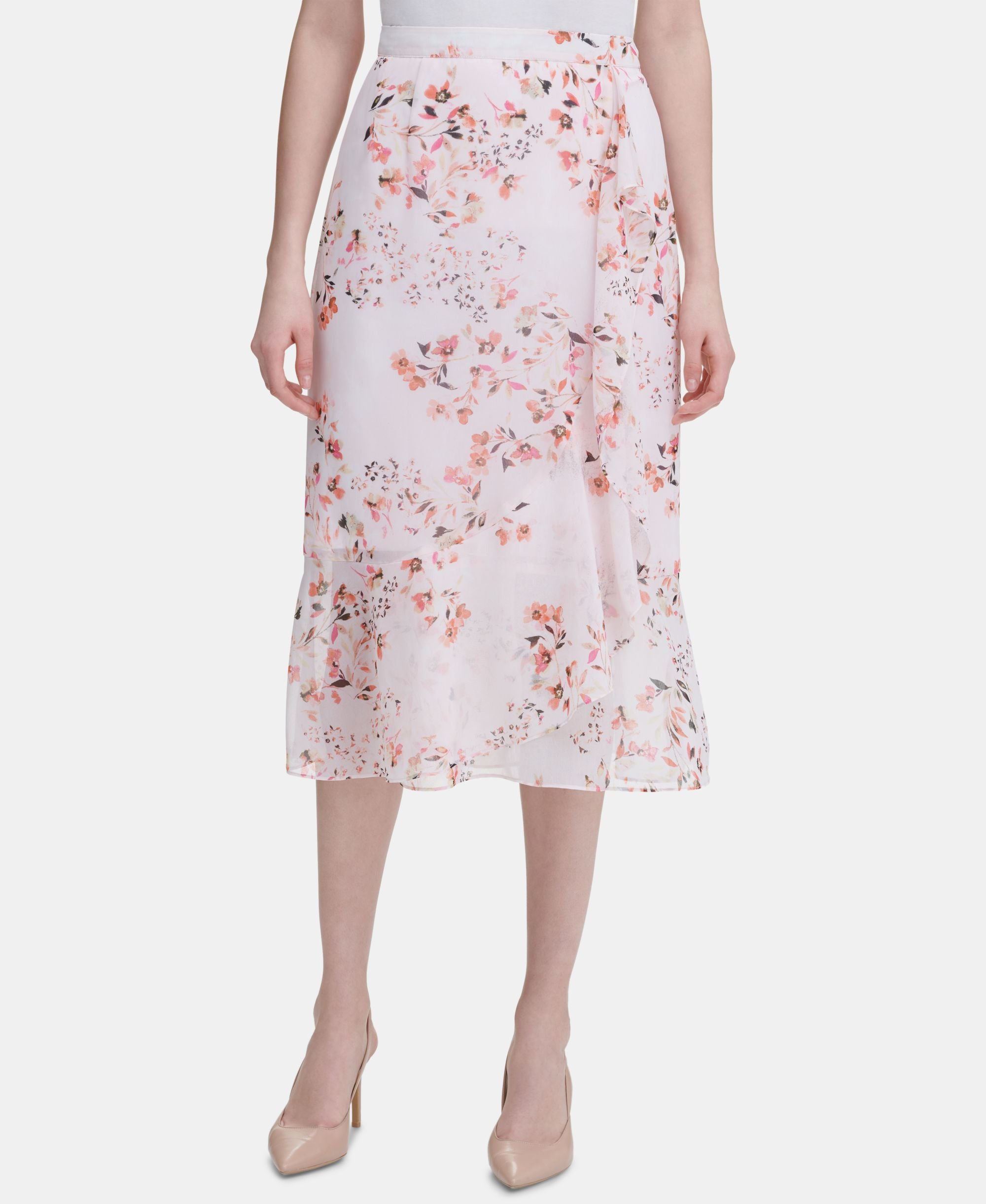 Calvin Klein Ruffled Floral Print Midi Skirt