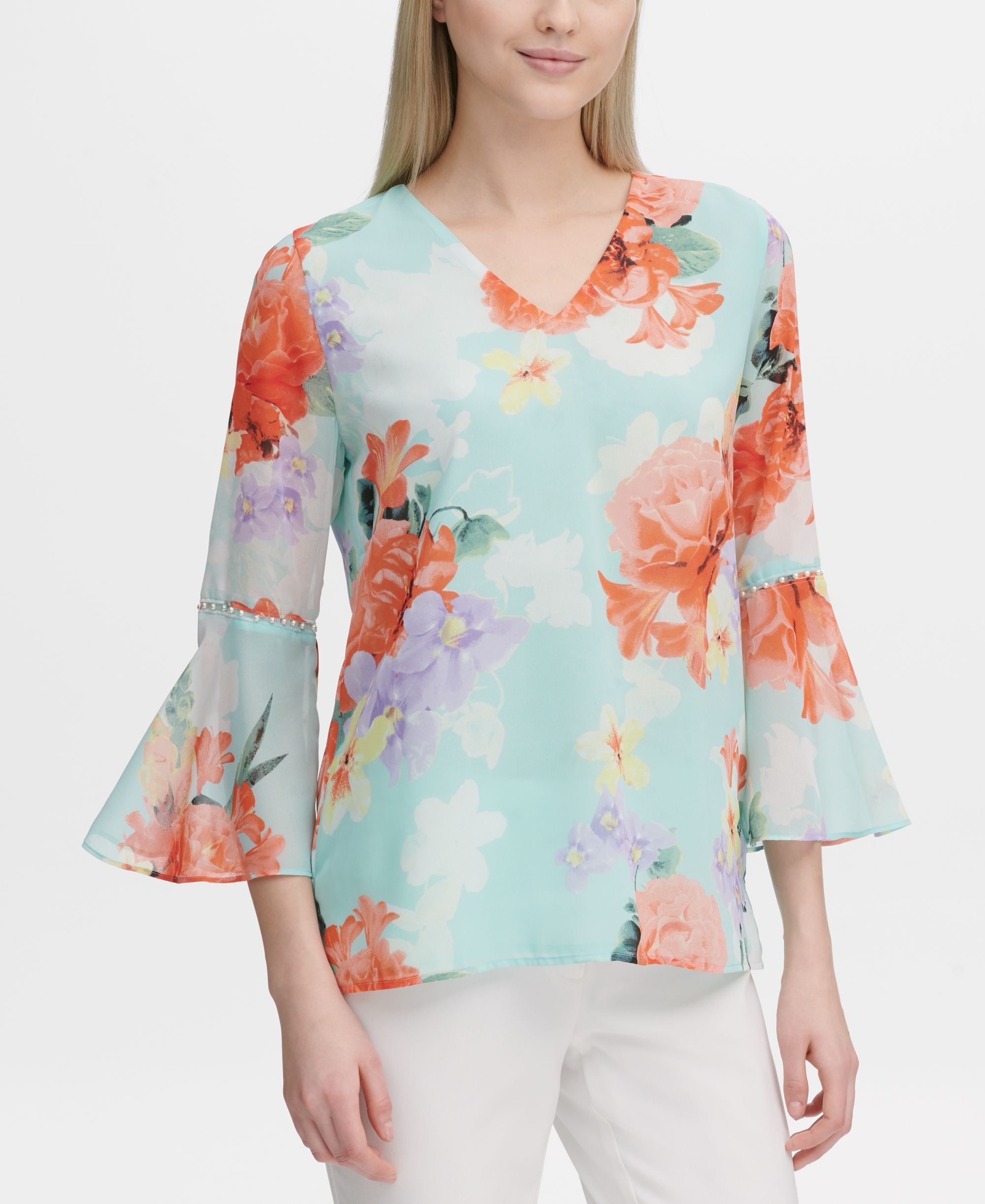 Calvin Klein Floral Print Embellished Sleeve Top