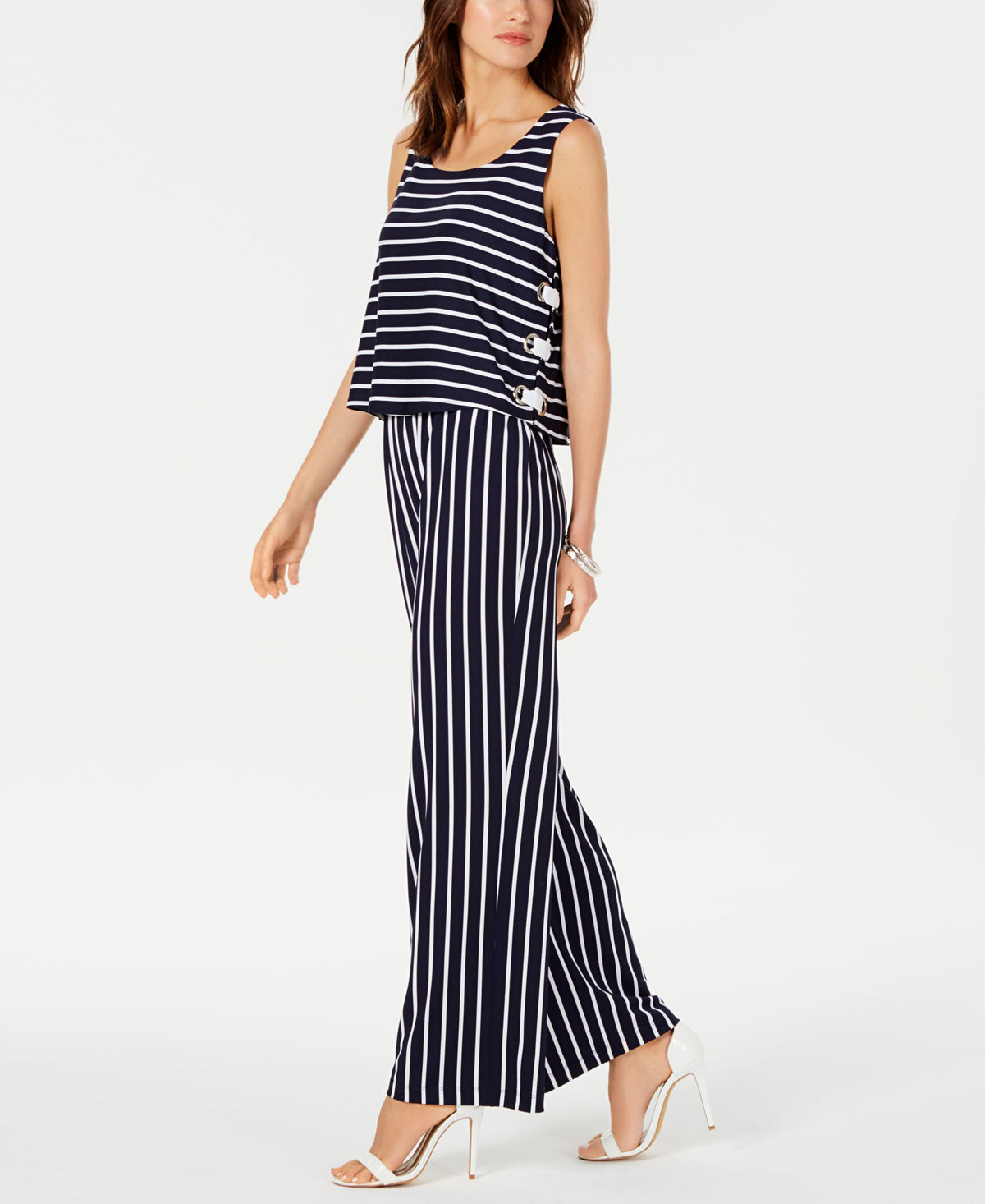 NY Collection Petite Striped Lace Up Jumpsuit