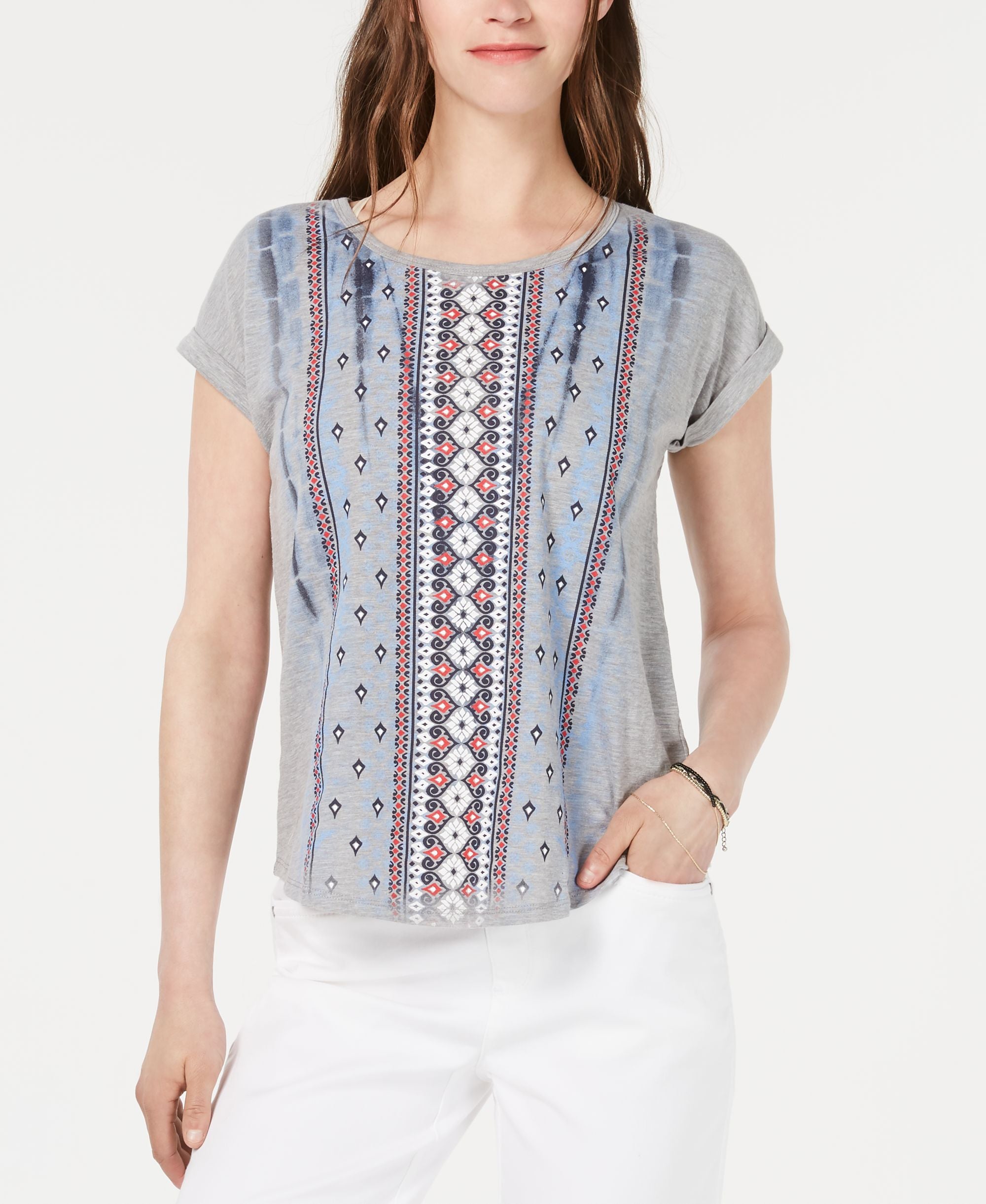 Style & Co Petite Printed Scoop Neck Top