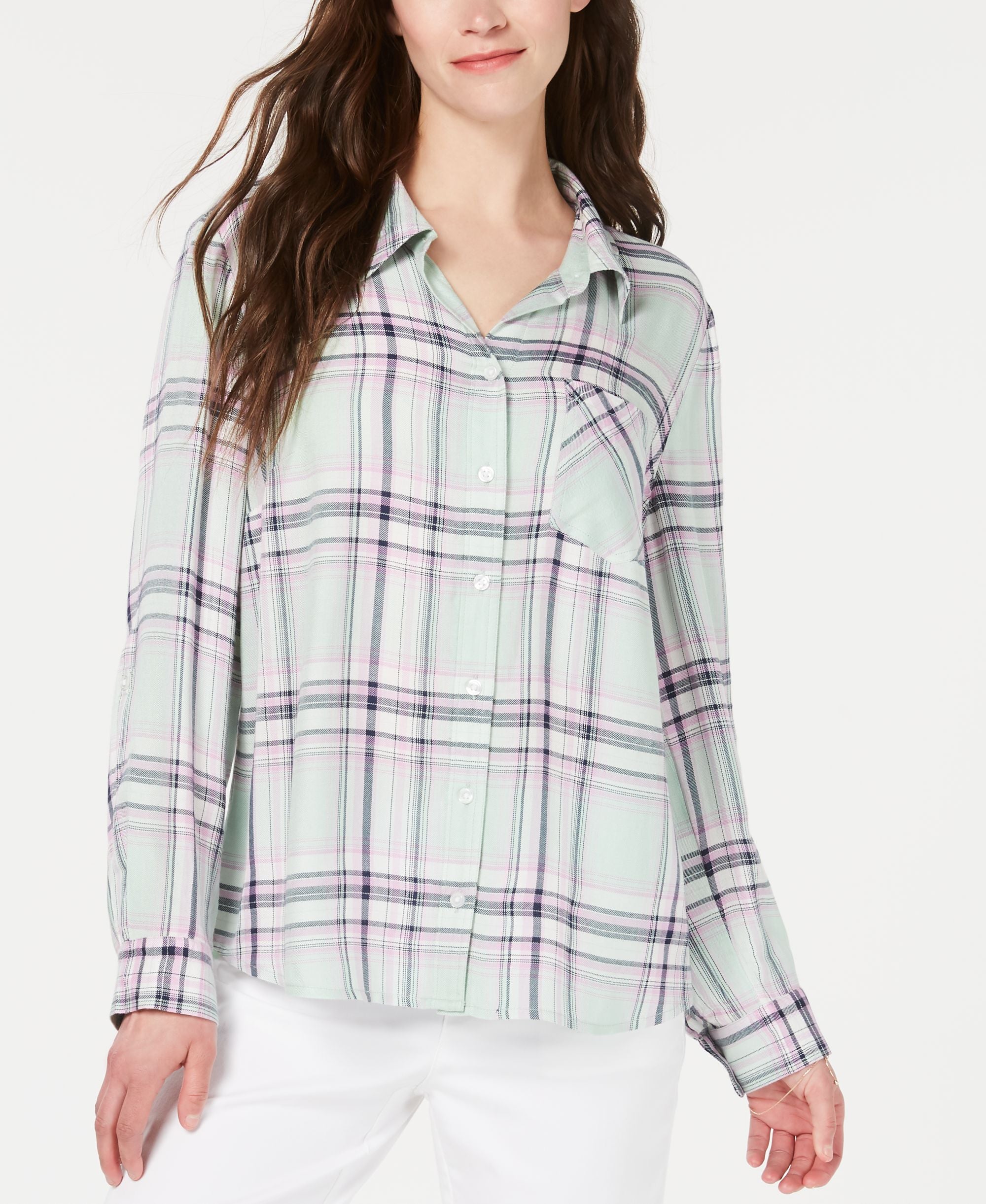 Style & Co Plaid Roll Tab Shirt