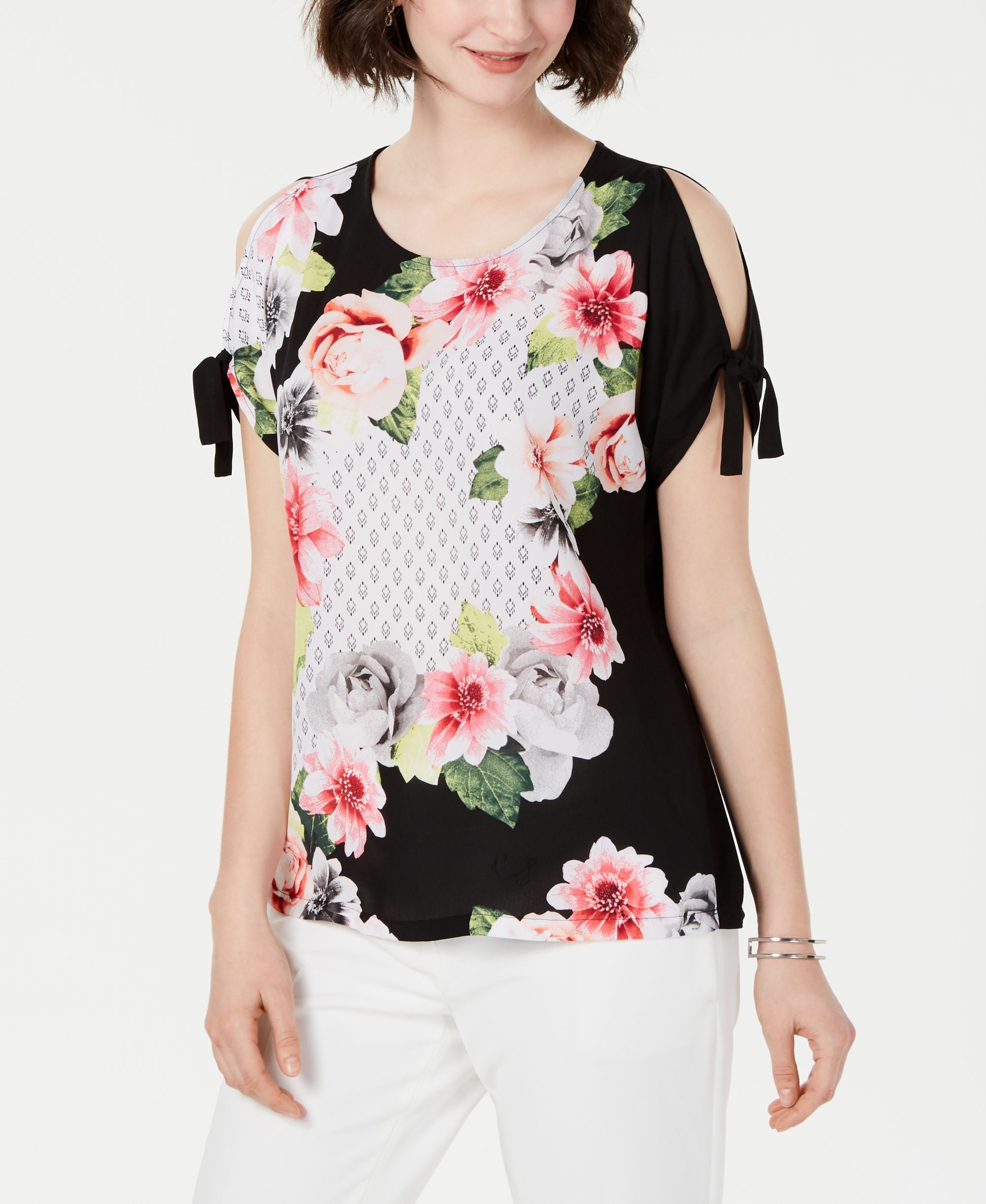 JM Collection Printed Cold Shoulder Top