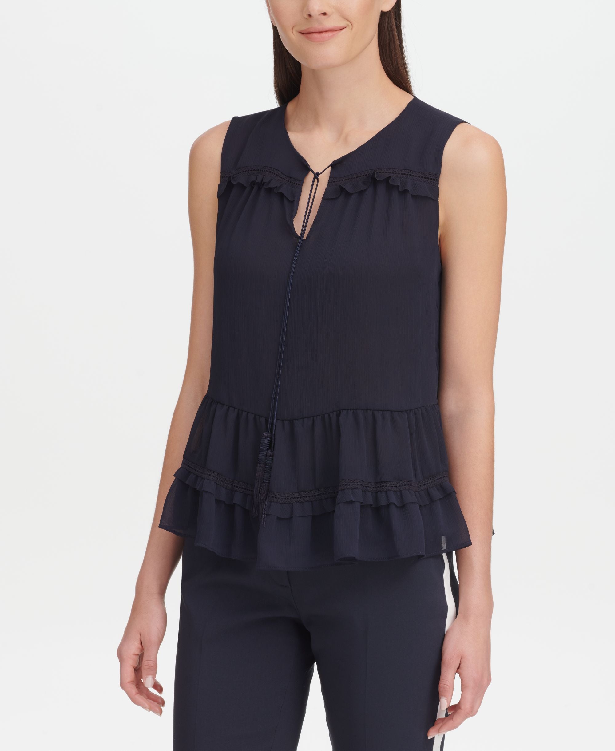 Tommy Hilfiger Ruffled Tassel Tie Front Top