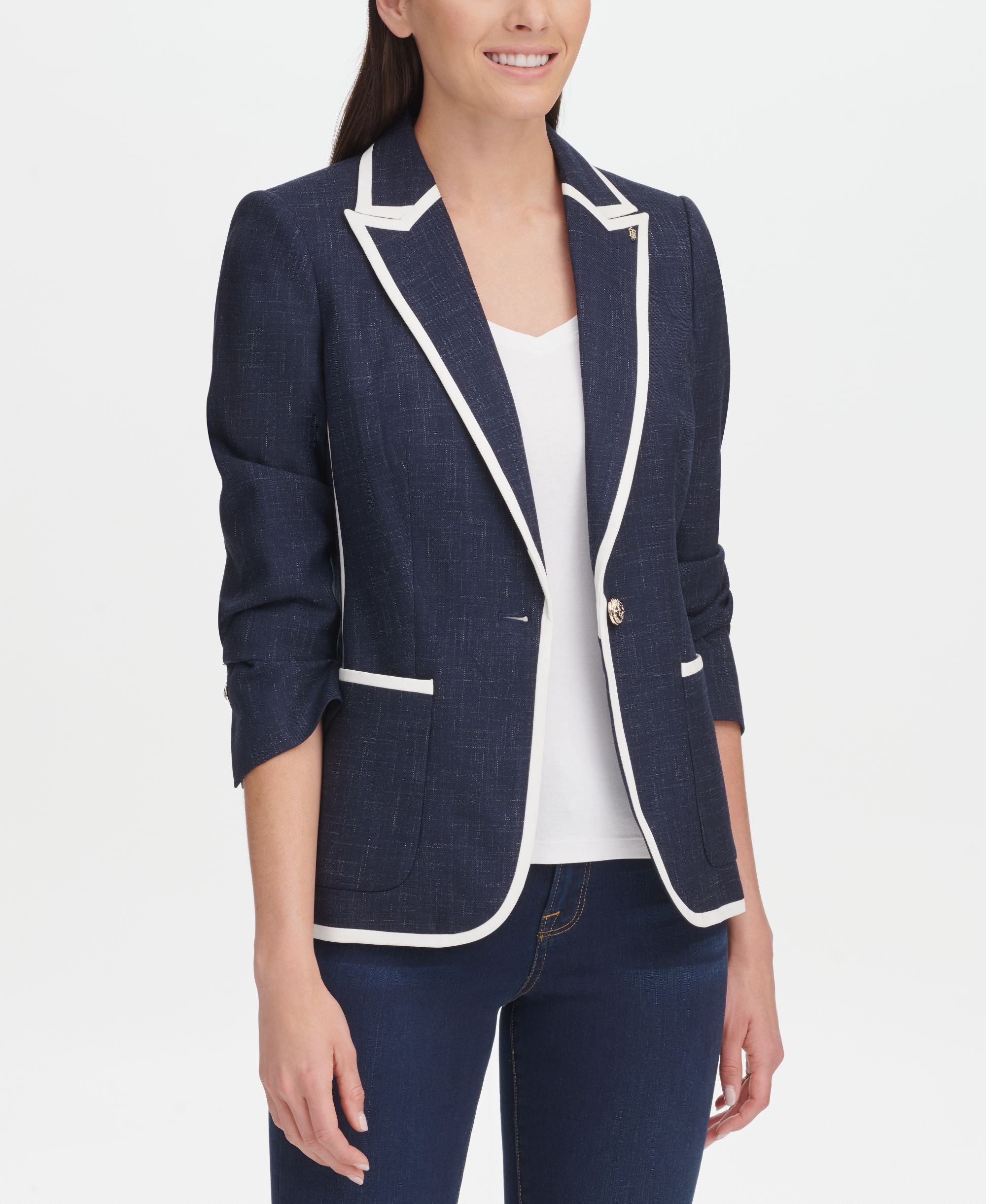Tommy Hilfiger Denim Contrast Trim One Button Blazer