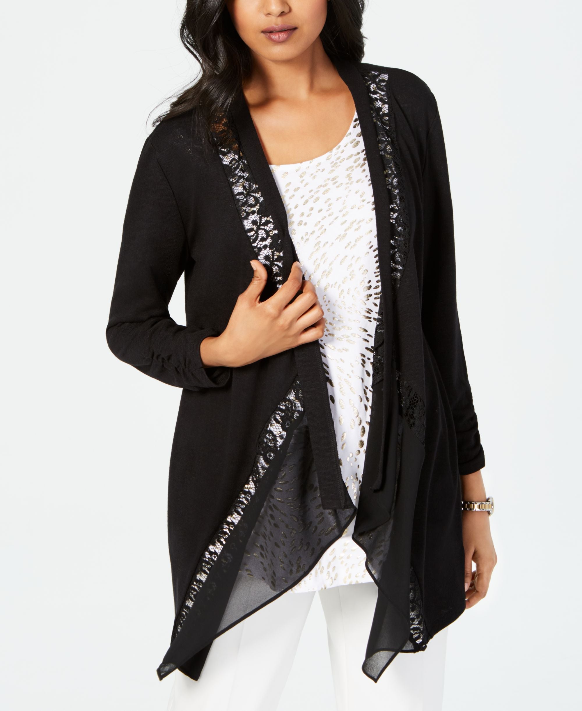 Lace-Trim Draped Cardigan
