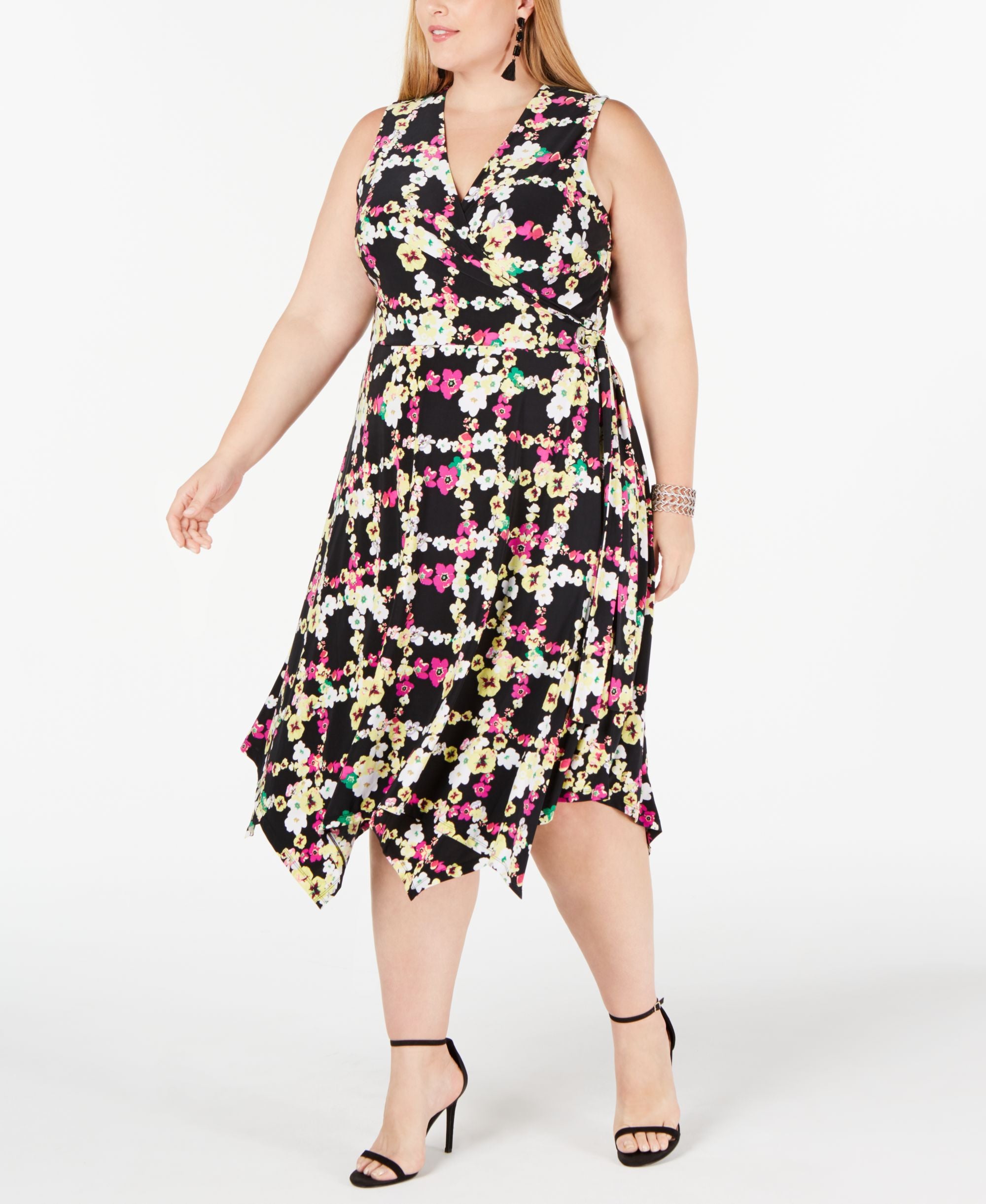 Plus Size Printed Faux Wrap Midi Dress