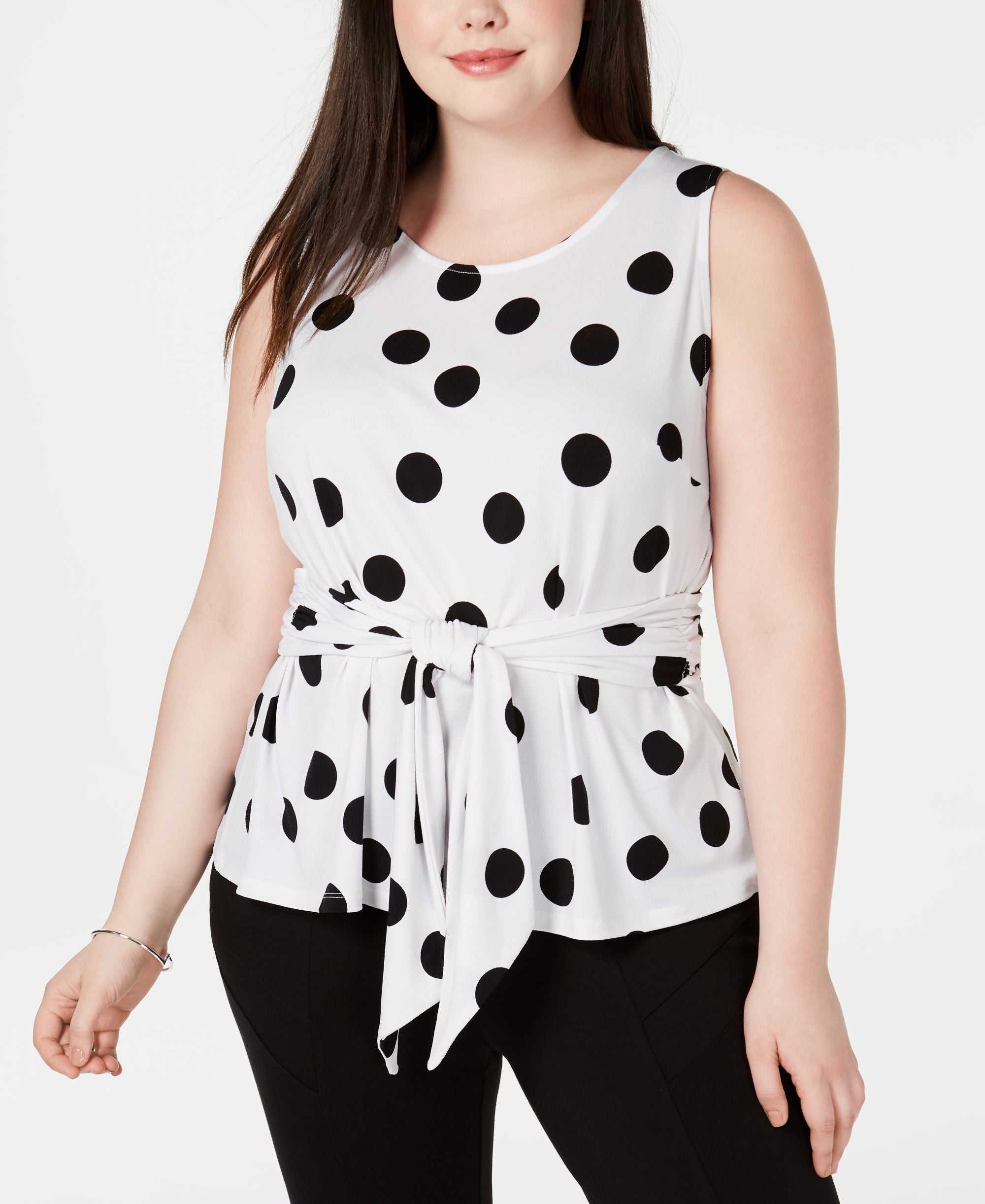 INC Plus Size Dot-Print Tie-Front Top