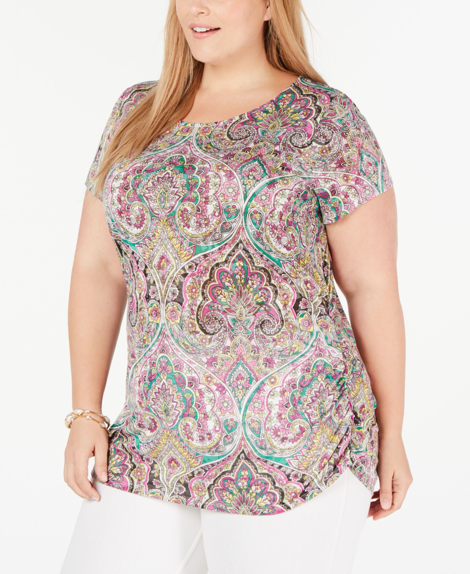 Plus Size Printed Ruched Side Top