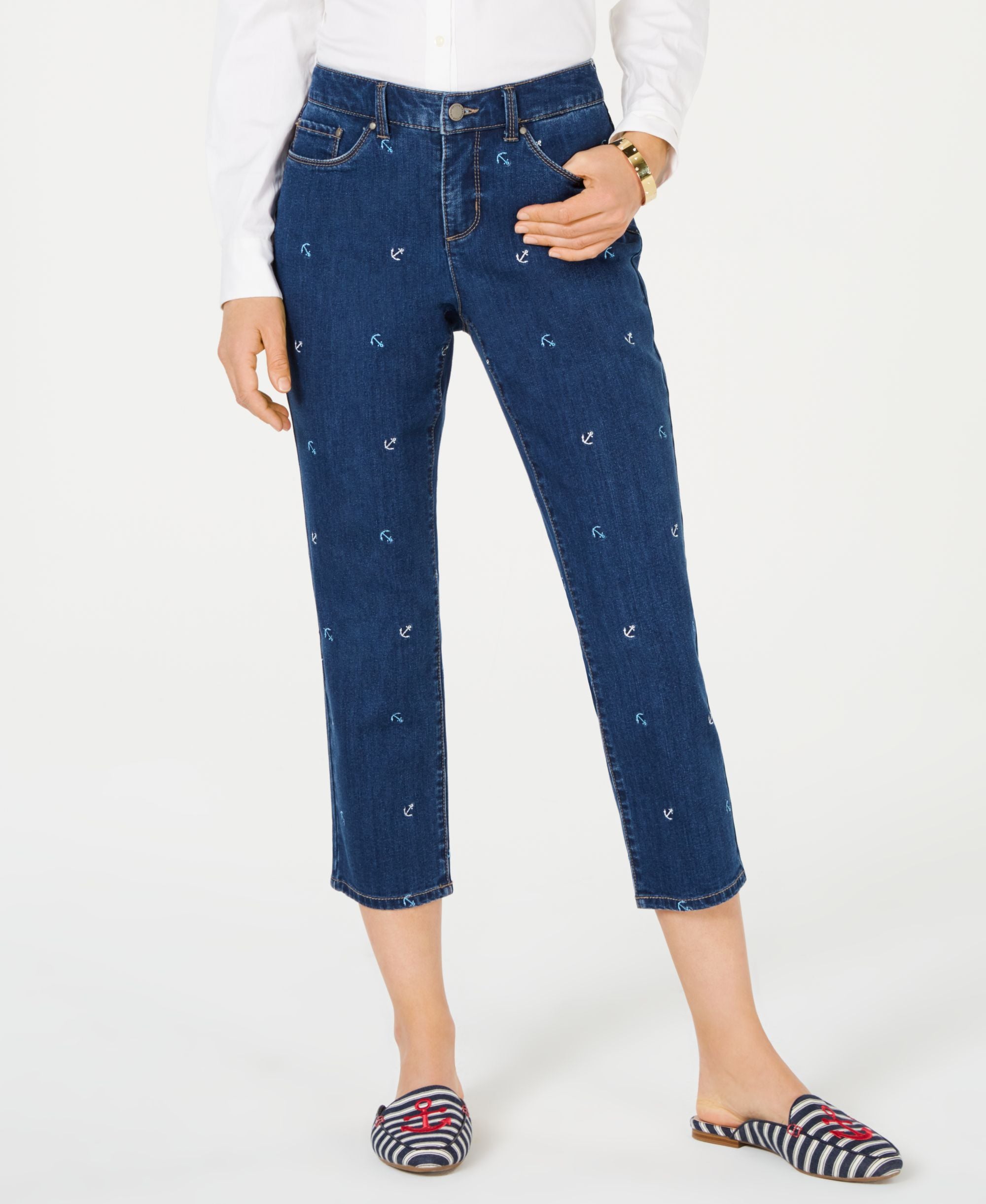 Charter Club Petite Embroidered Tummy Control Capri Jeans