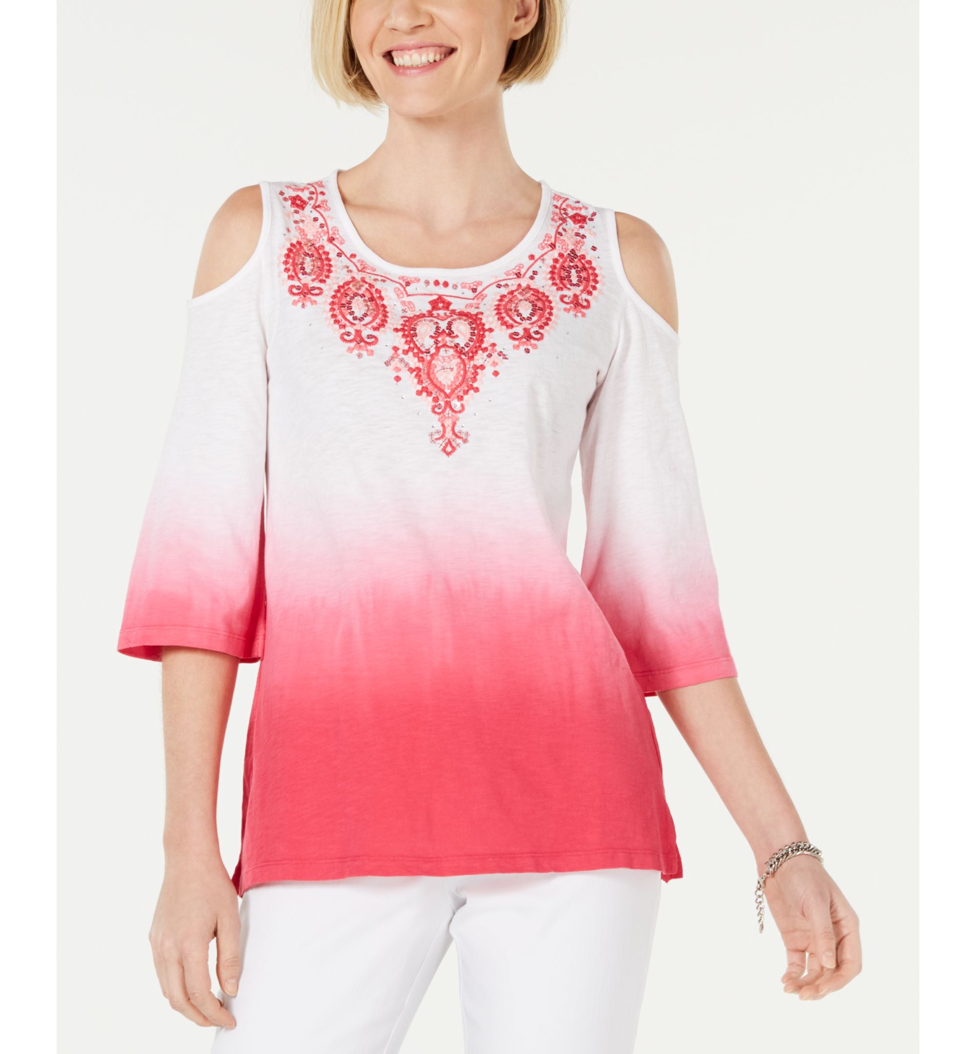 JM Collection Cotton Ombre Cold Shoulder Top
