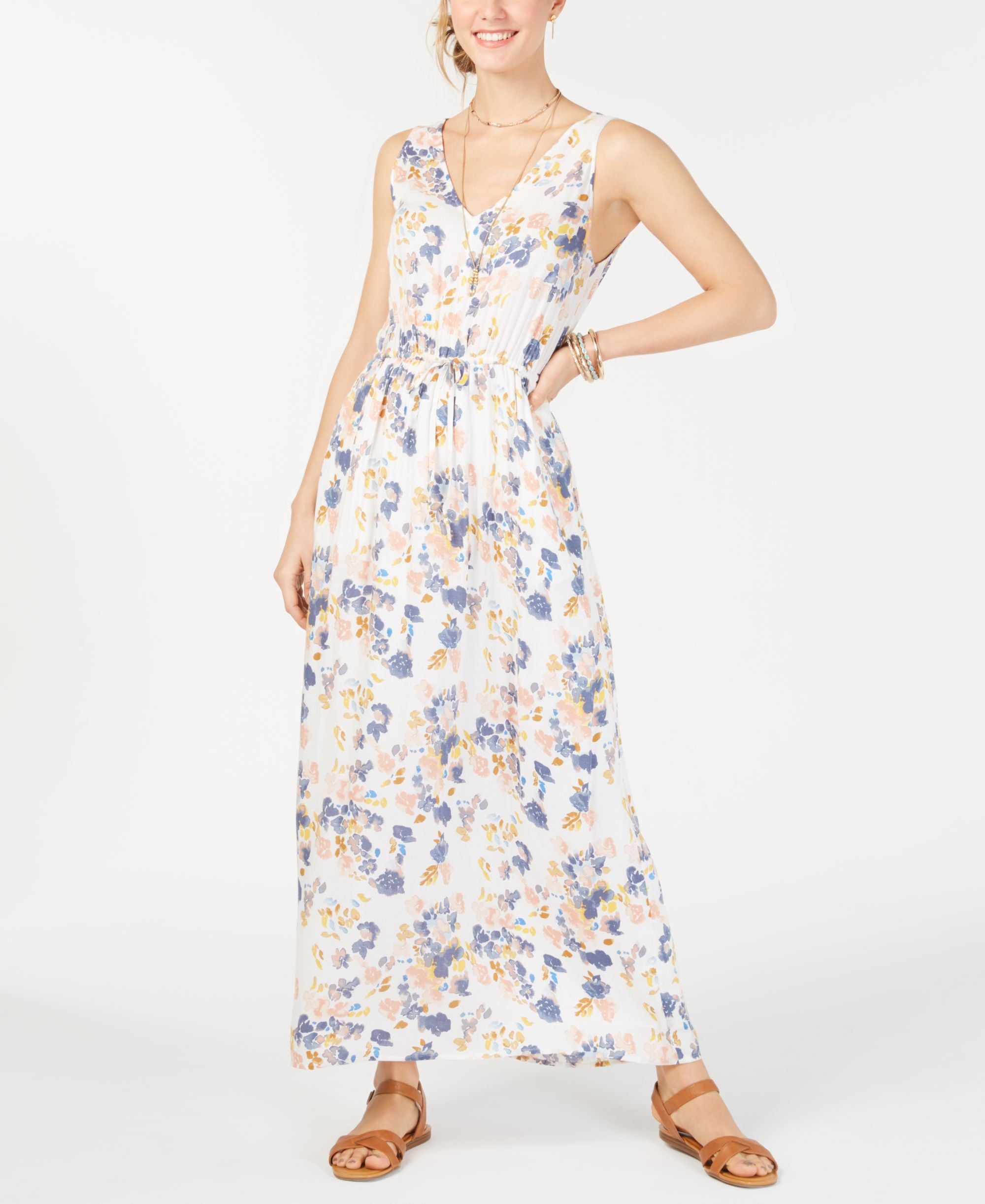 Lucky Brand Floral Tie Waist V Neck Maxi Dress