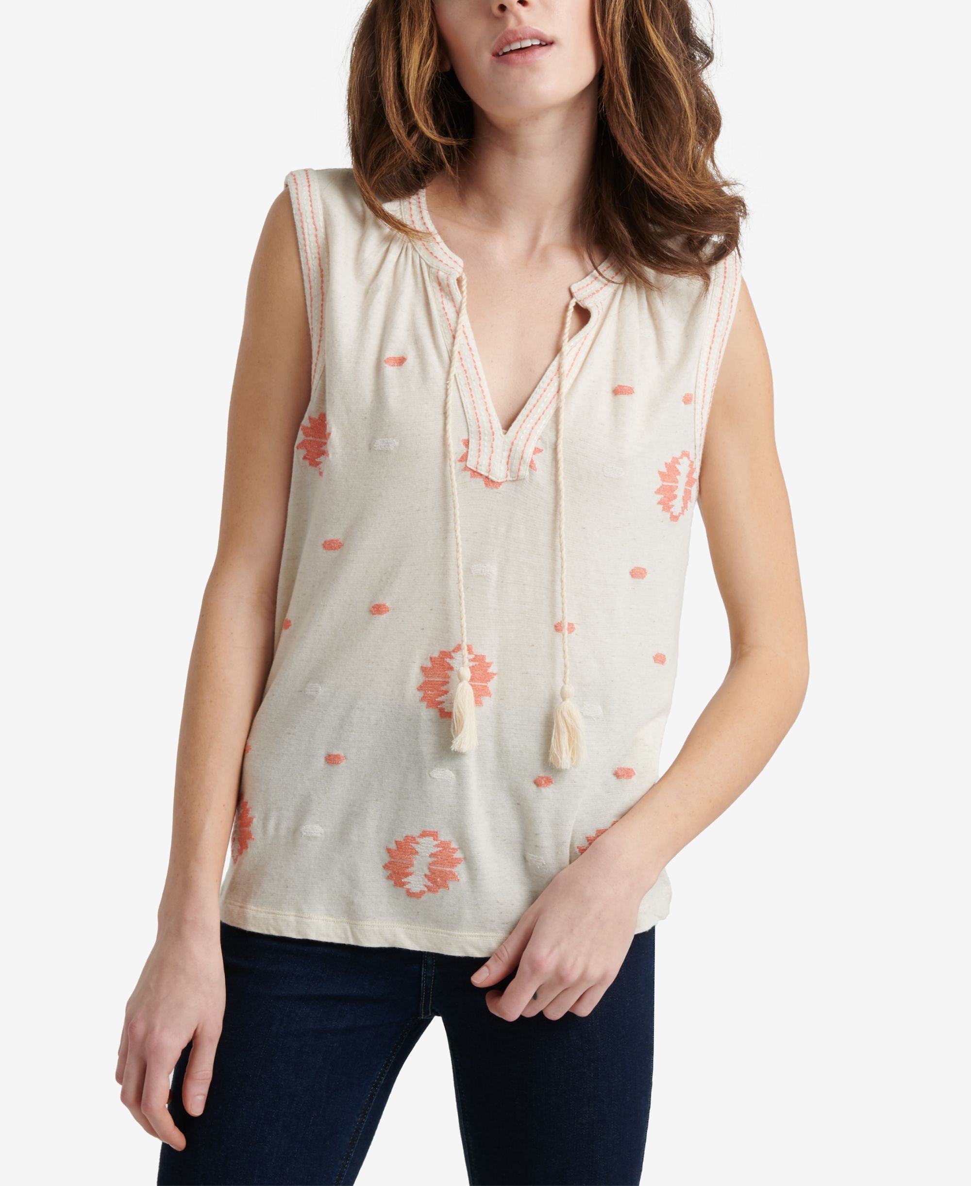Embroidered Split-Neck Top