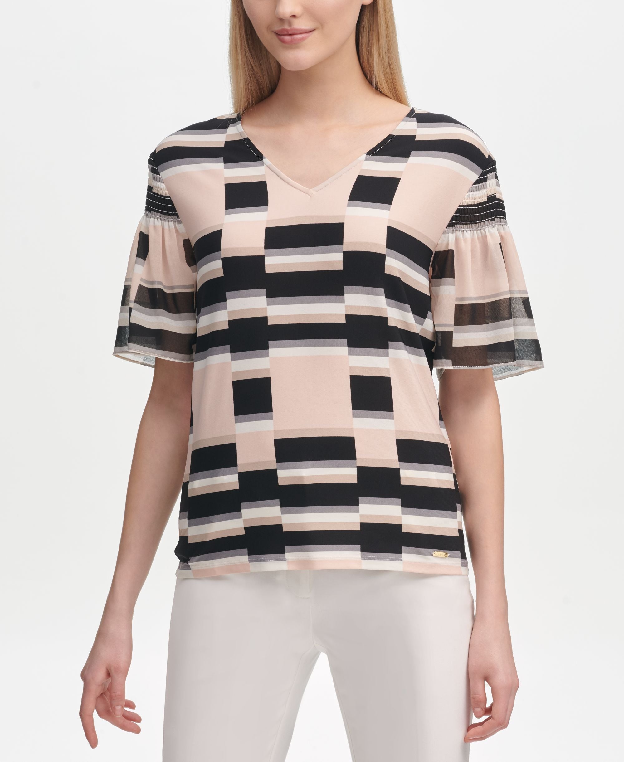 Calvin Klein Printed Ruffle Sleeve Top