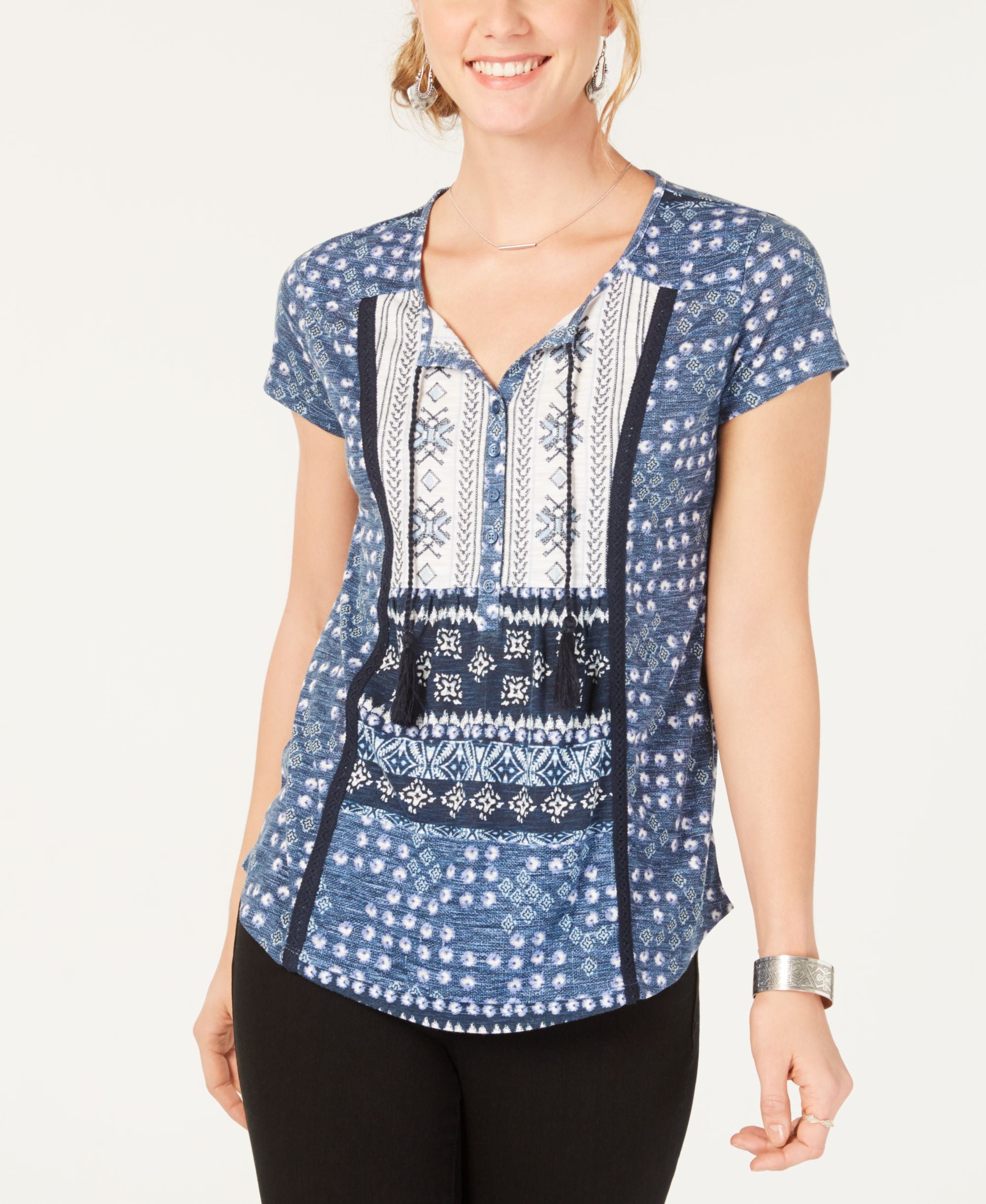 Style & Co Petite Printed Tassel Tie Top