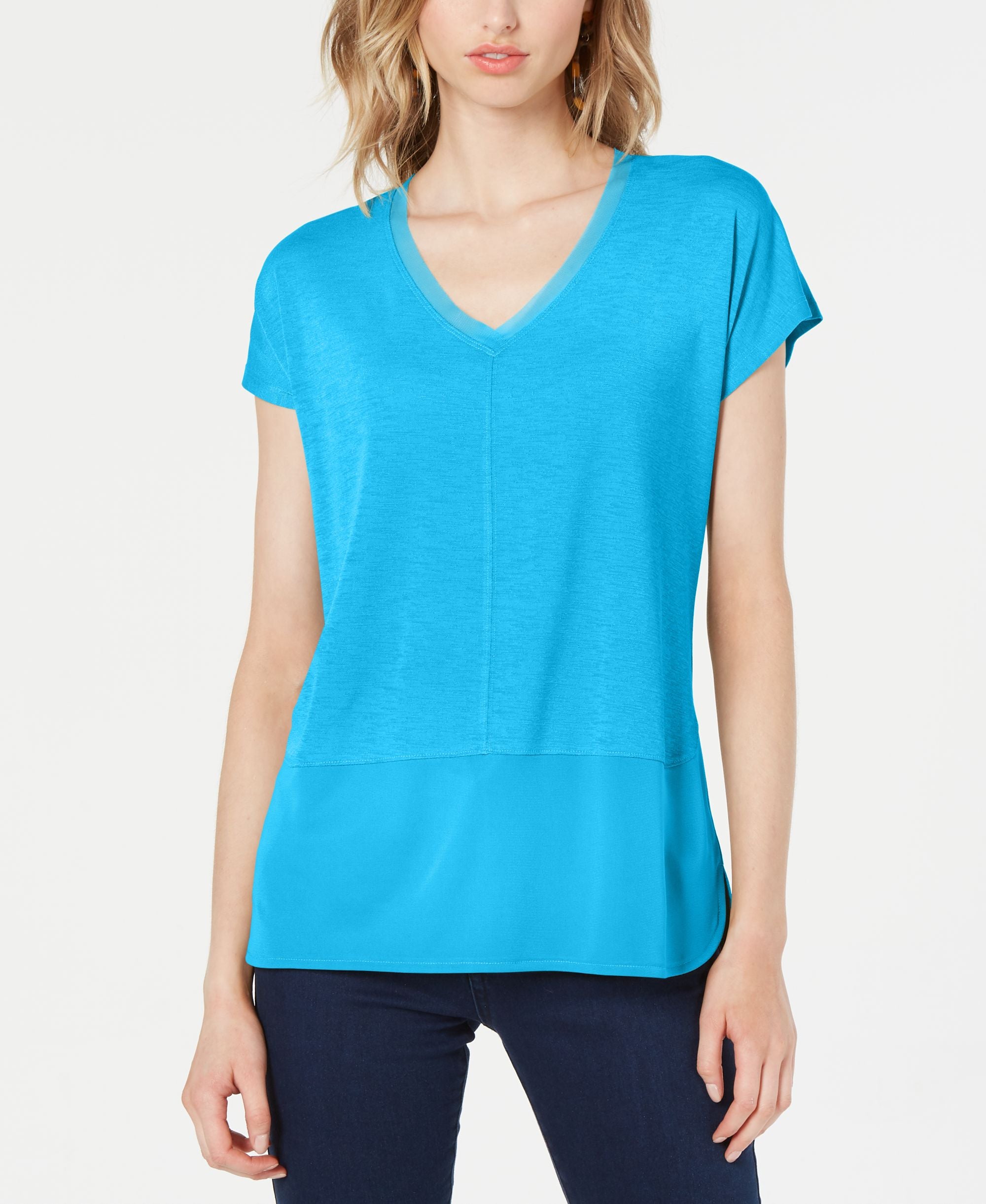 V-Neck Mixed-Media Mesh Top
