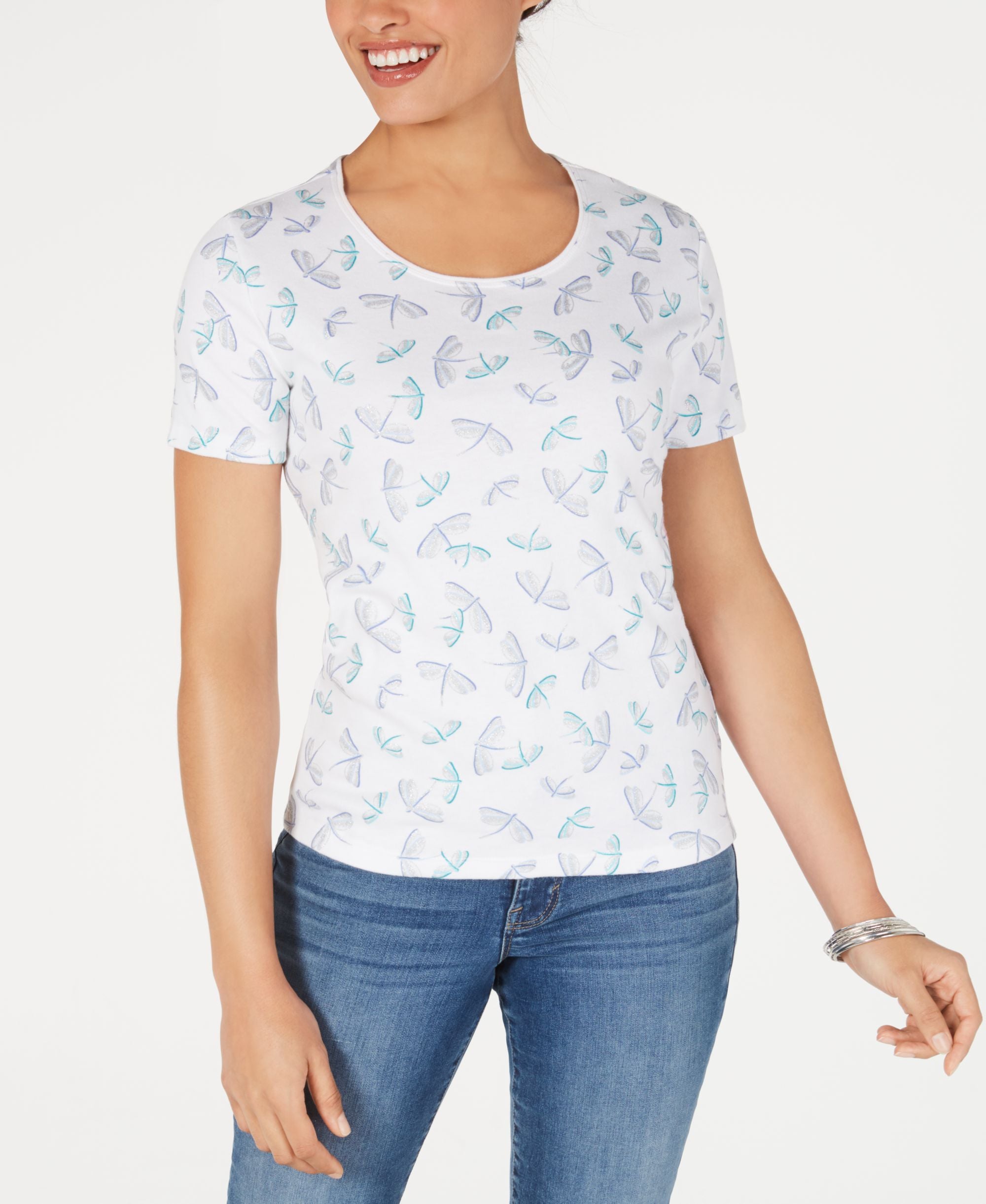 Karen Scott Scoop Neck Dragonfly Print T-Shirt