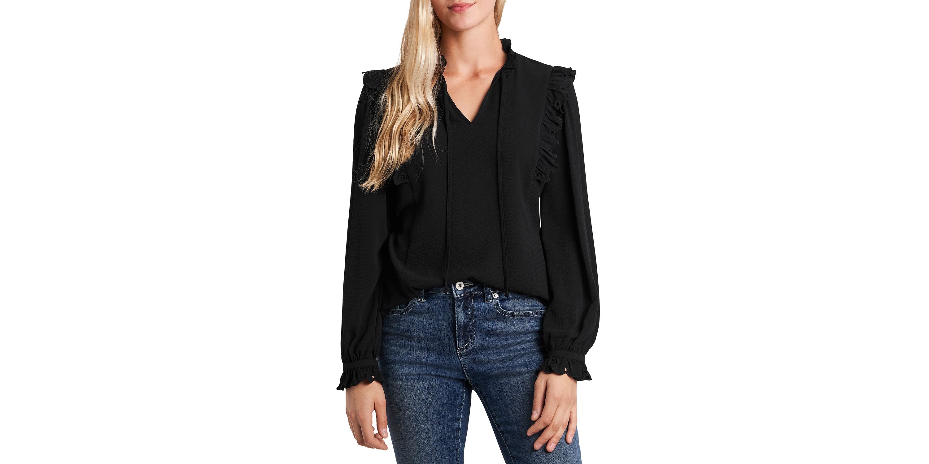 Women's Long Sleeve Ruffled Tie-Neck Blouse