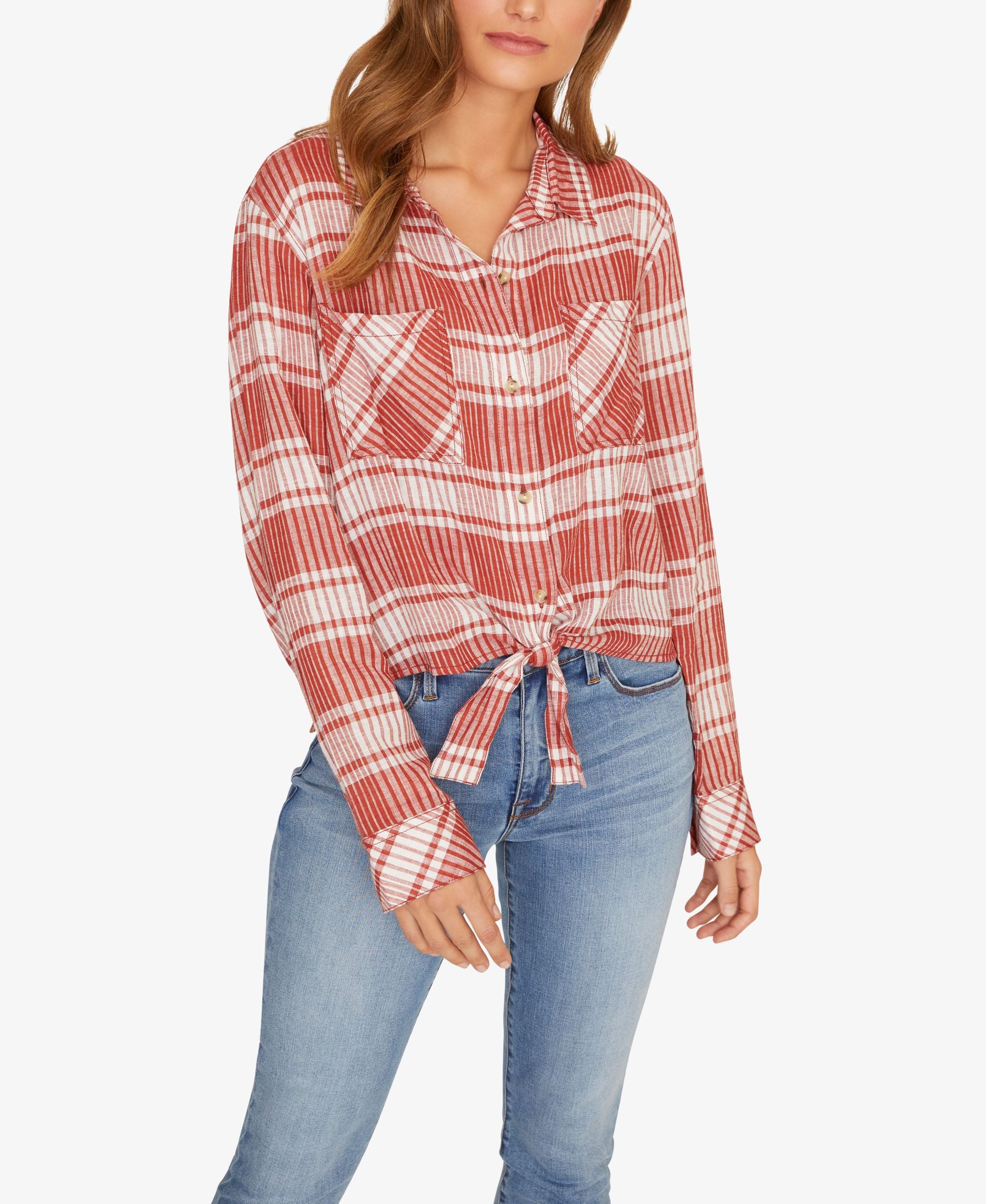 Resort Plaid Tie-Front Button-Up Top