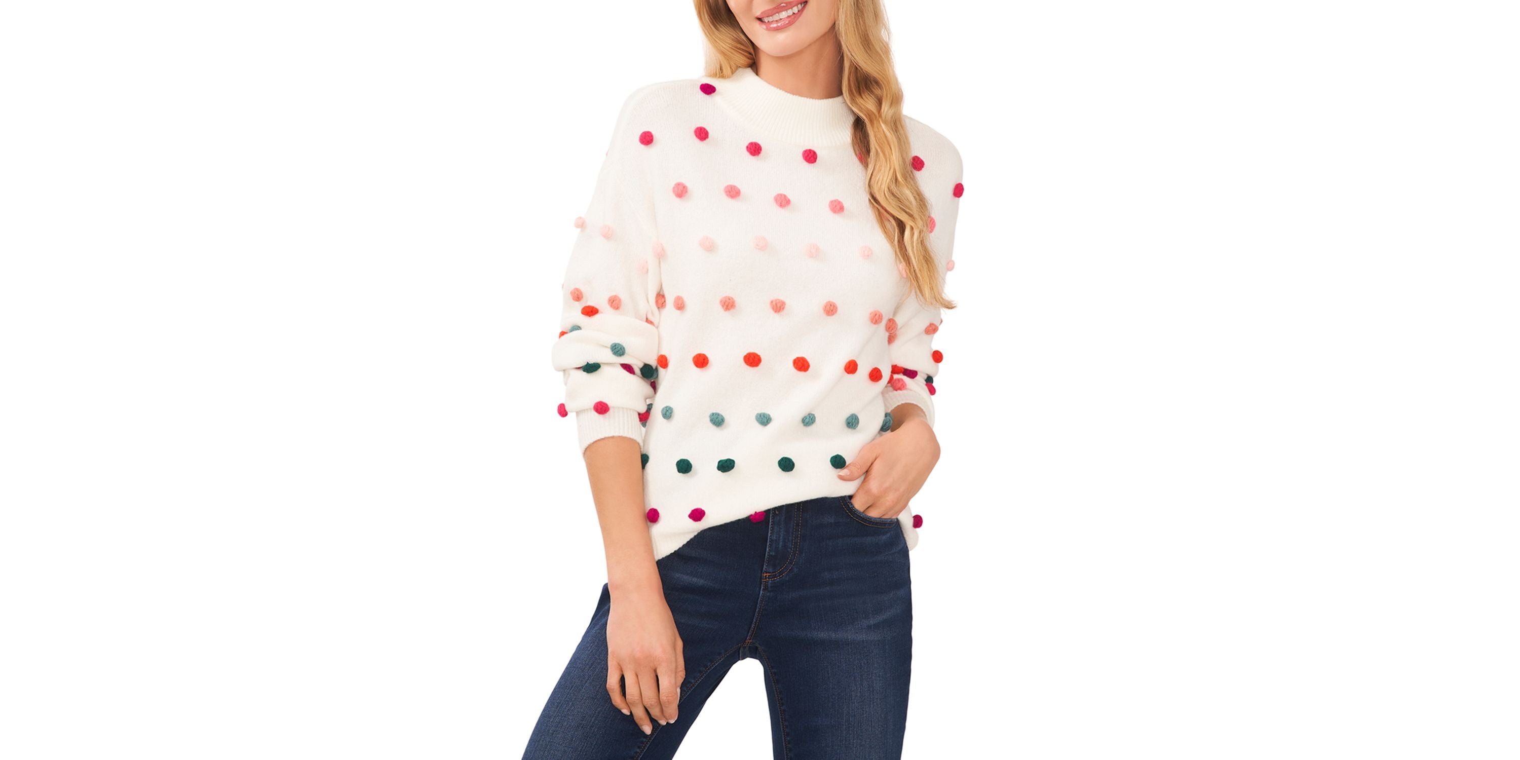 Women's Mock Neck Rainbow Pom Pom Sweater