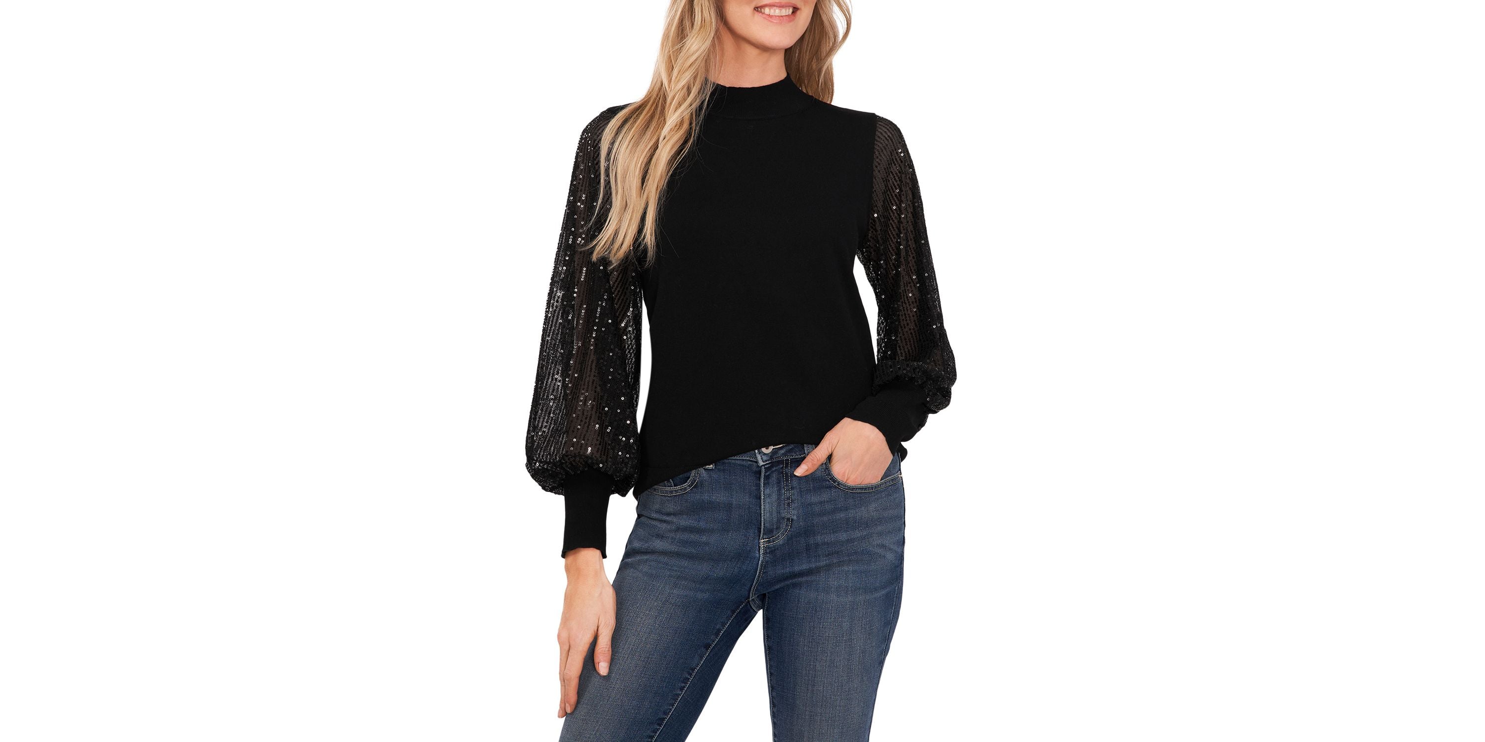 Women's Sheer-Sequin-Sleeve Mock-Neck Cotton Sweater