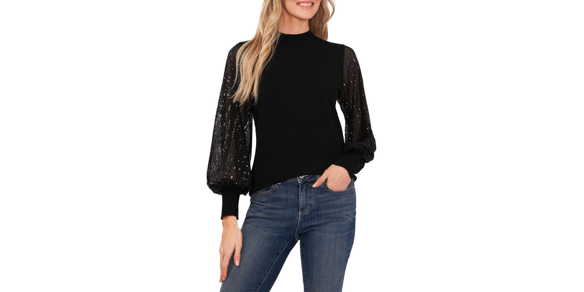 Women's Sheer-Sequin-Sleeve Mock-Neck Cotton Sweater