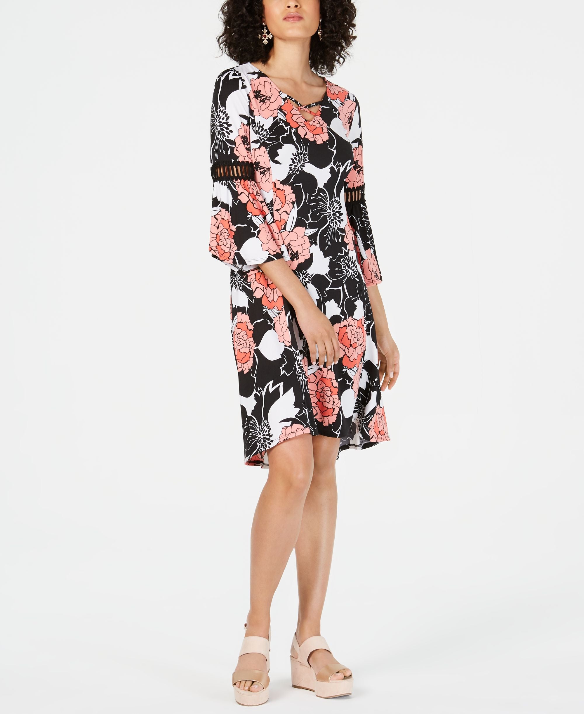 NY Collection Petite Printed Crochet Trim Dress