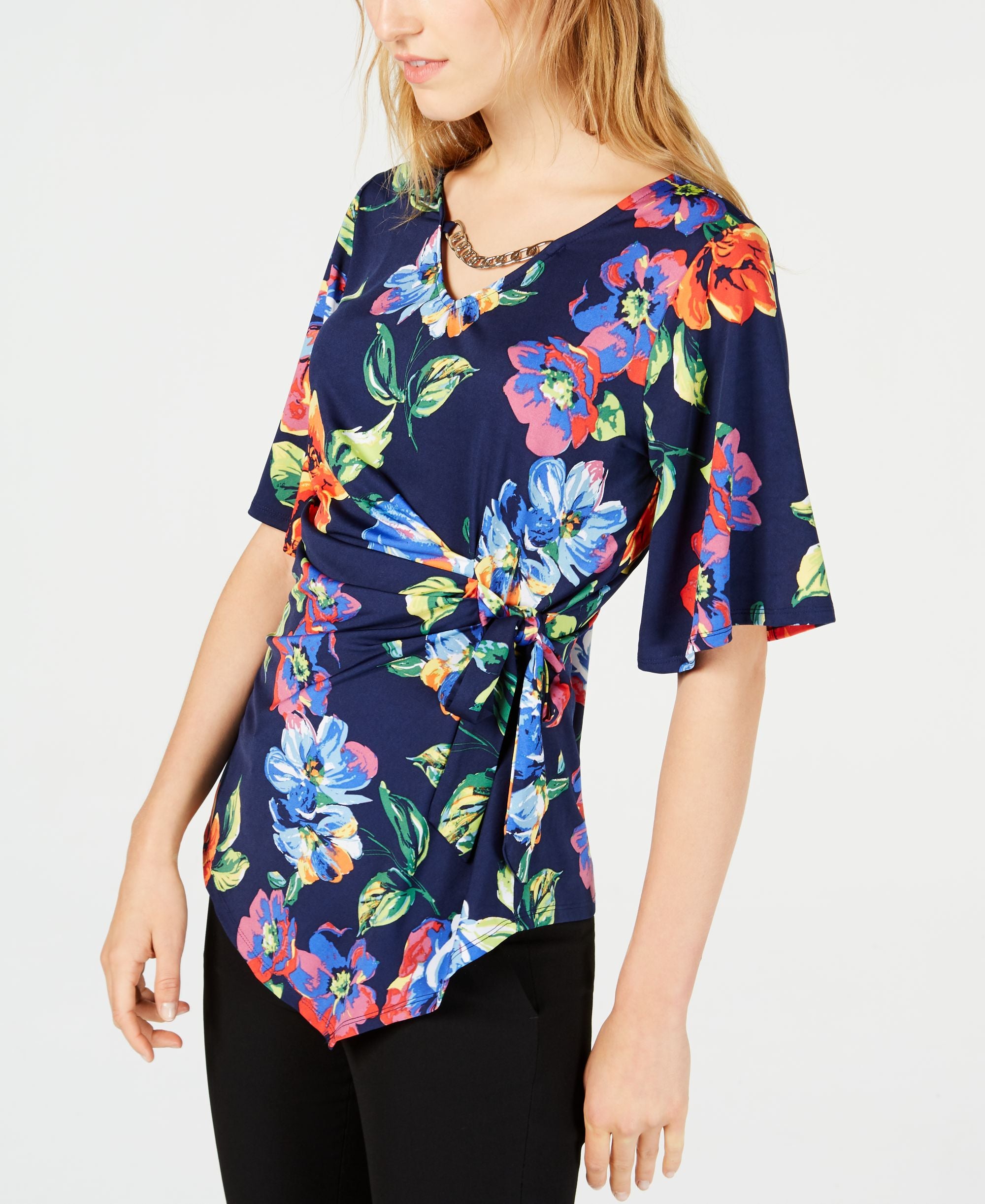 NY Collection Petite Embellished Tie Waist Top