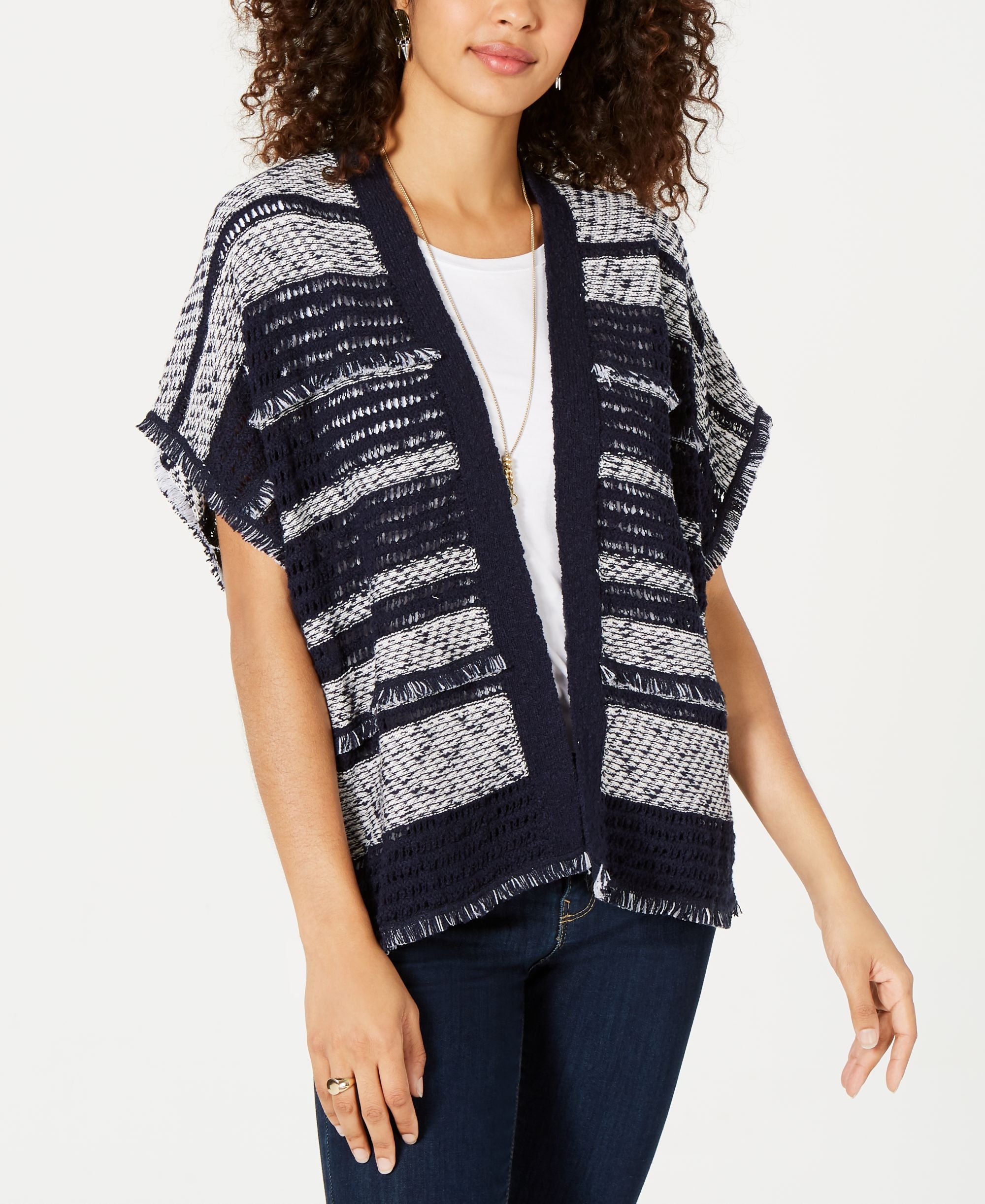 Style & Co Mixed Knit Fringe Trim Cardigan