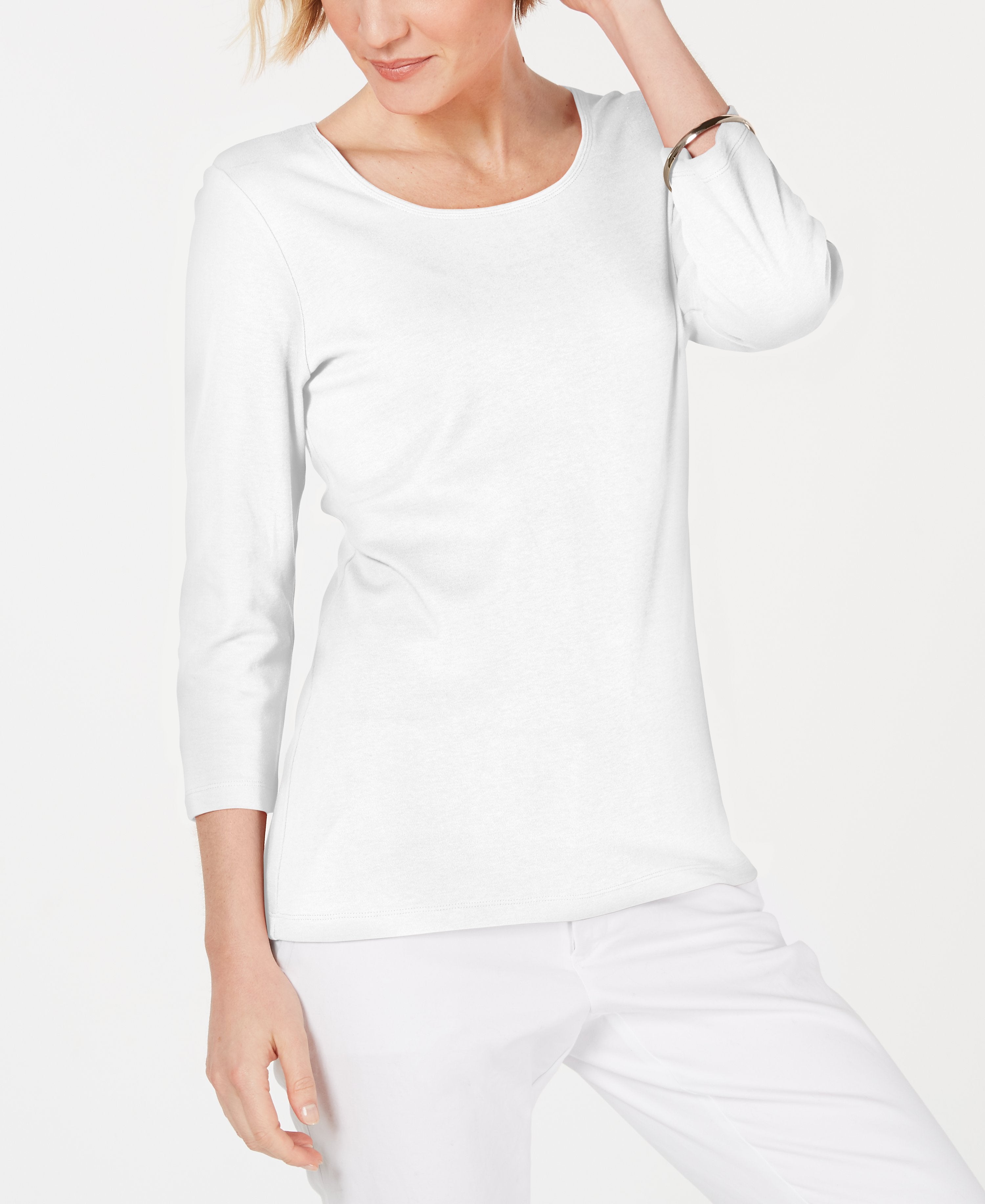 Petite 3/4 Sleeve Cotton Scoop-Neck Top
