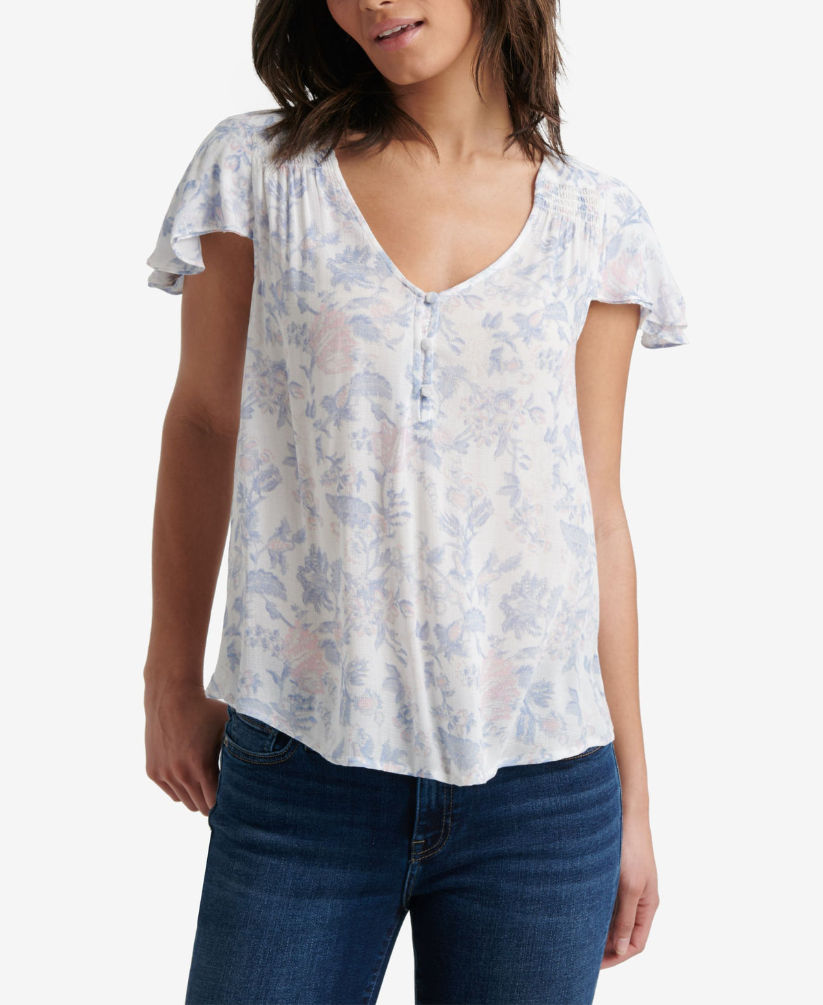 Floral Smocked Flutter-Sleeve Top