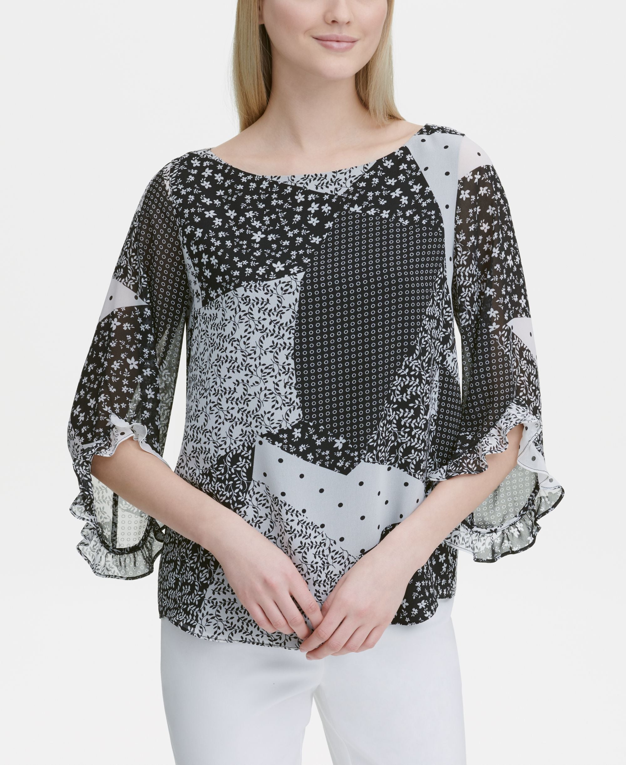 Calvin Klein Printed Ruffle Trim 3/4 Sleeve Top