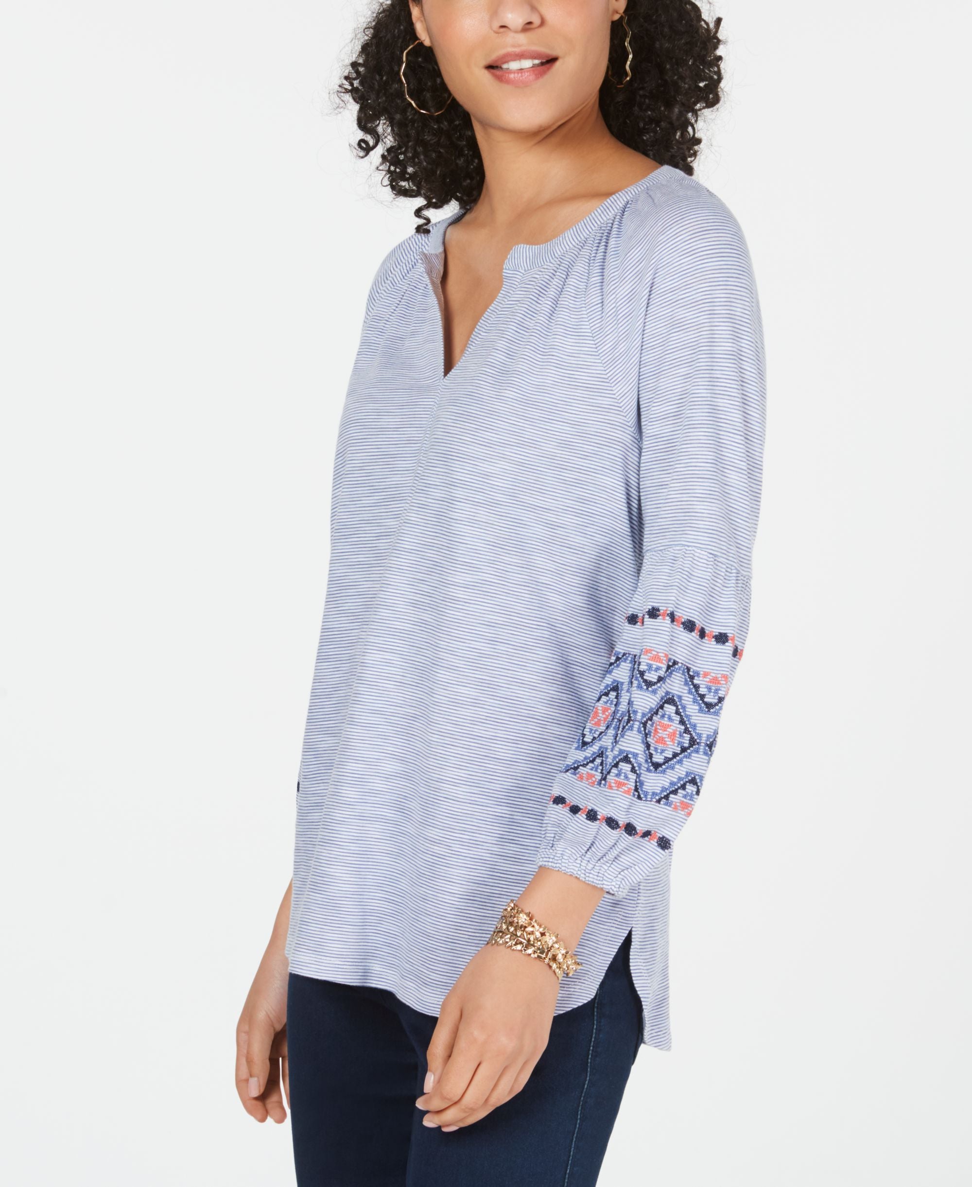 Style & Co Cotton Striped Embroidered Top