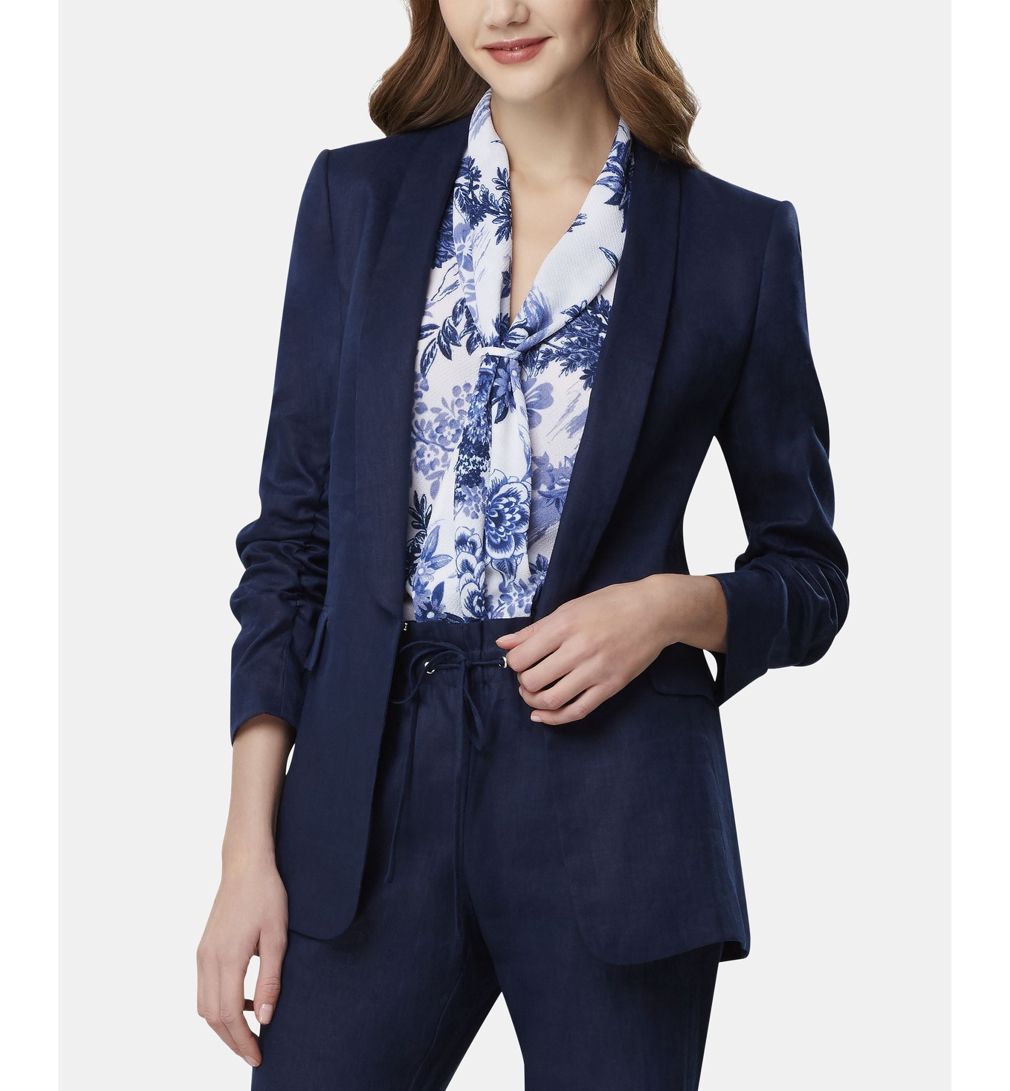 Tahari Asl Ruched Sleeve Shawl Lapel Blazer