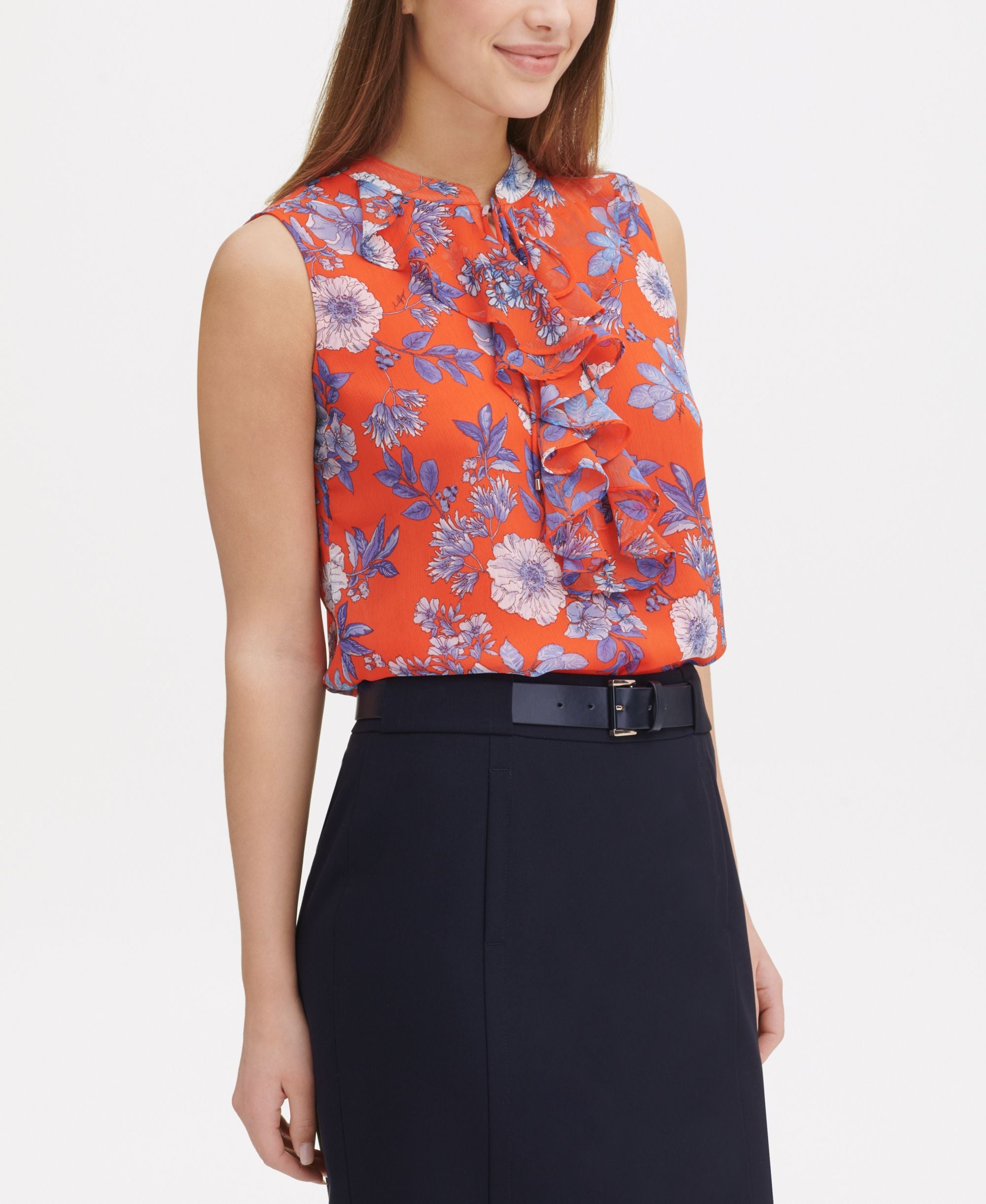Tommy Hilfiger Floral Print Ruffle Trim Top