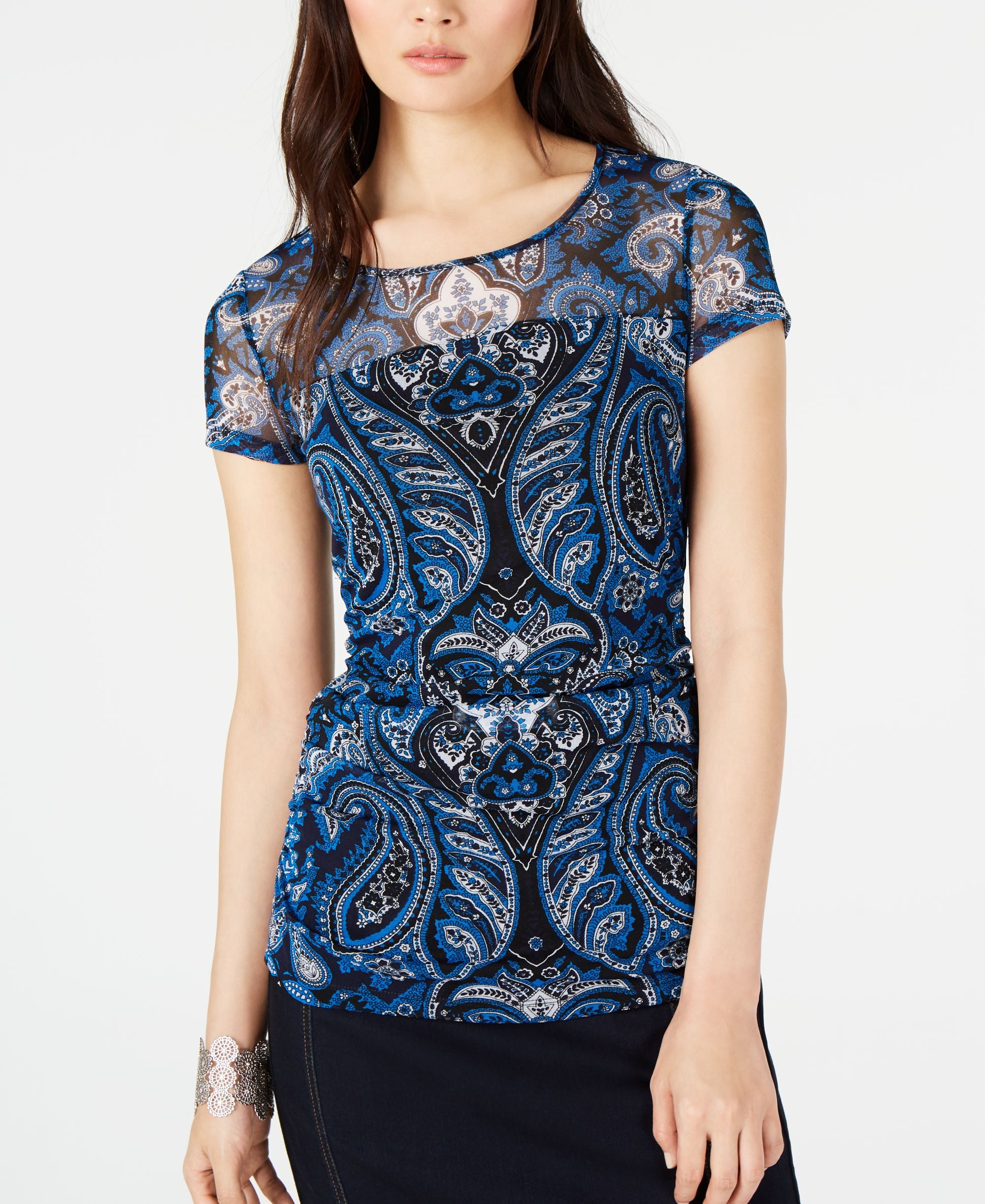 INC Cap-Sleeve Paisley Illusion Top