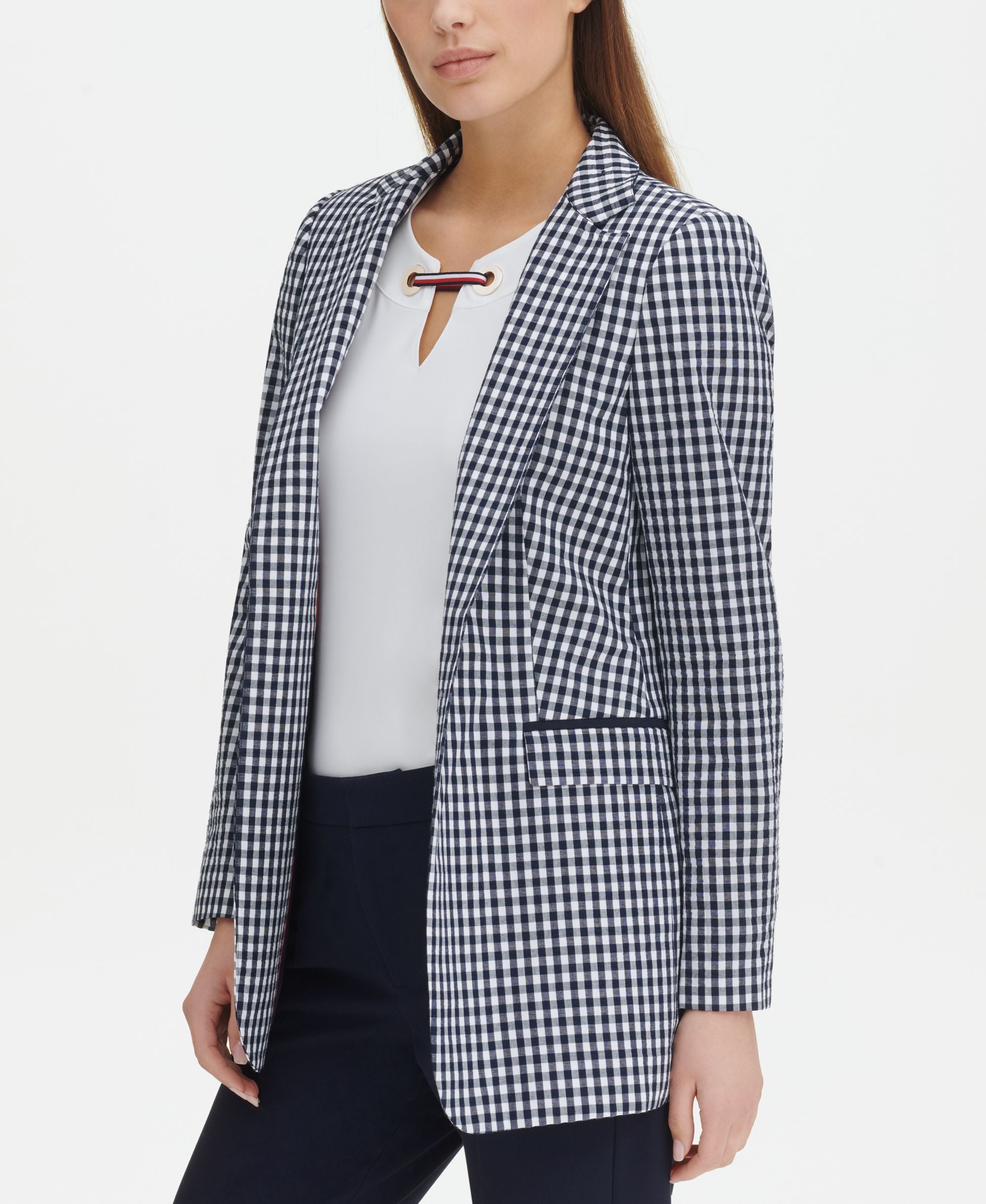 Tommy Hilfiger Gingham Print Open Front Topper Jacket