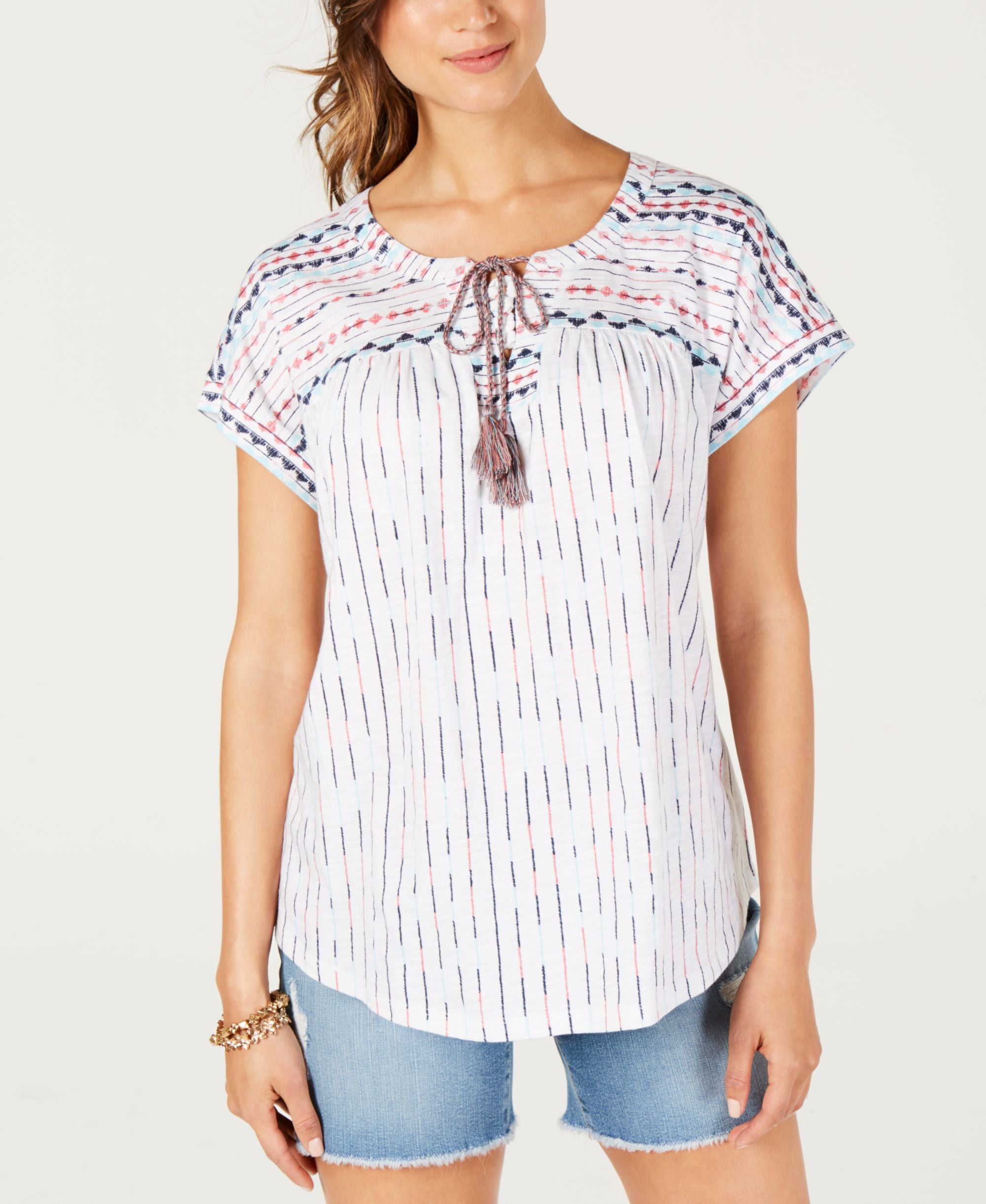 Style & Co Petite Printed Lace Up Top