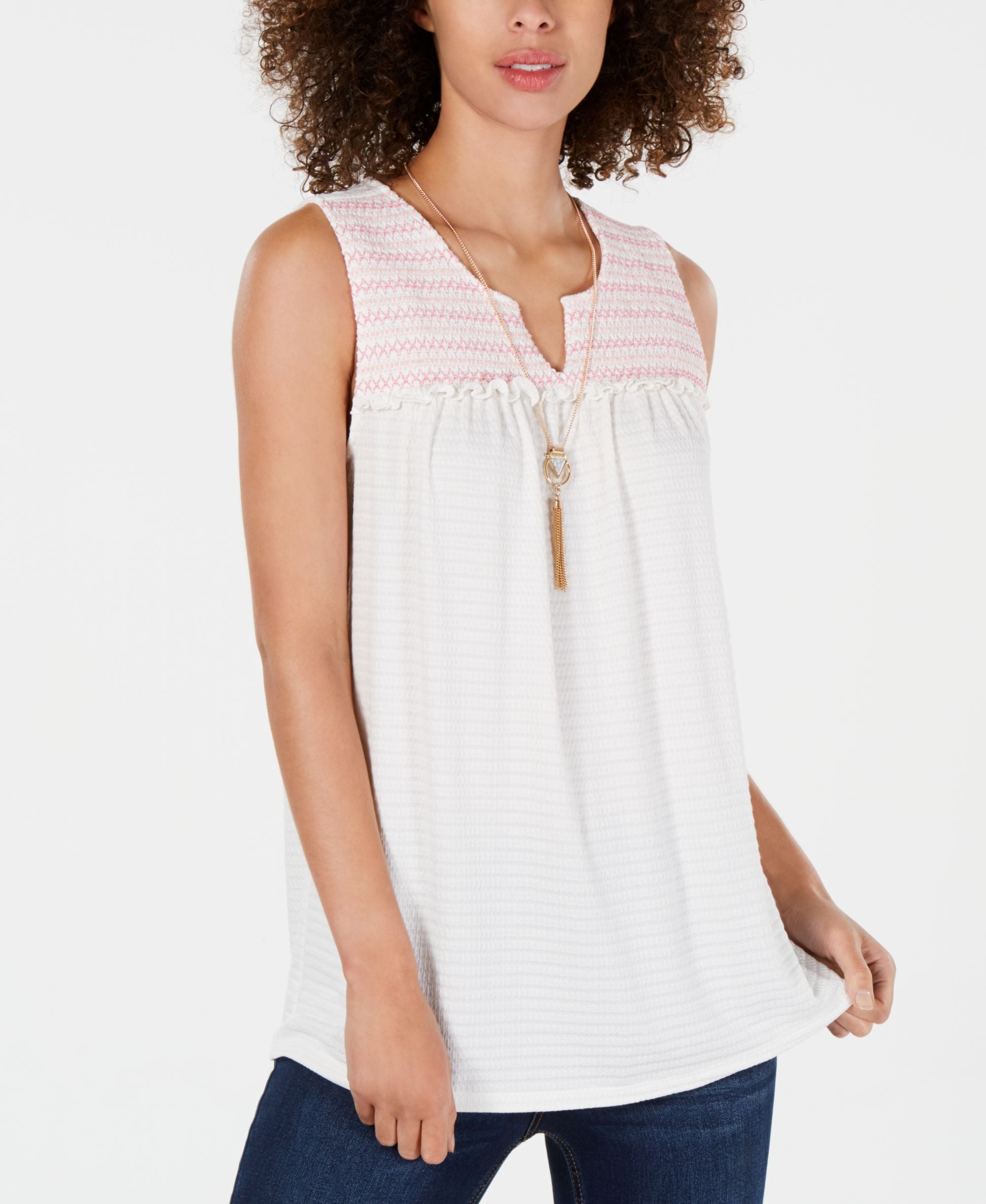 Style & Co Embroidered Yoke Ruffle Trim Top