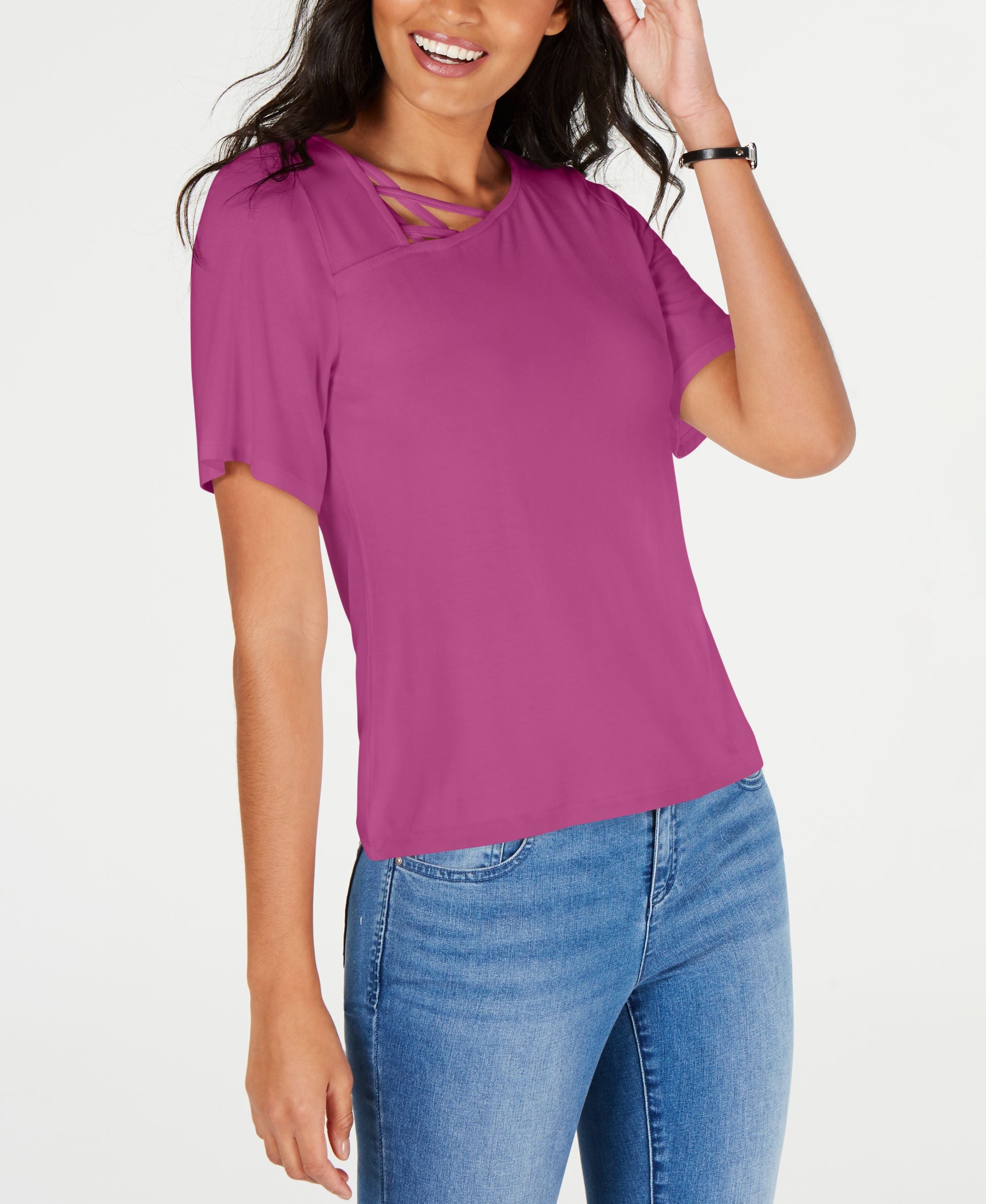 Thalia Sodi Asymmetric Lattice Neck Top
