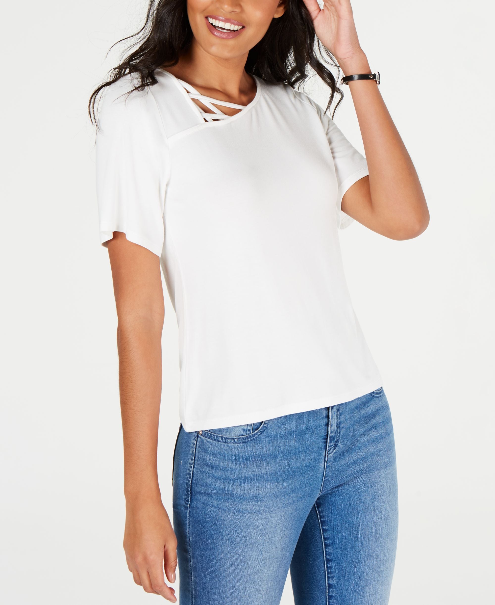 Thalia Sodi Asymmetric Lattice Neck Top