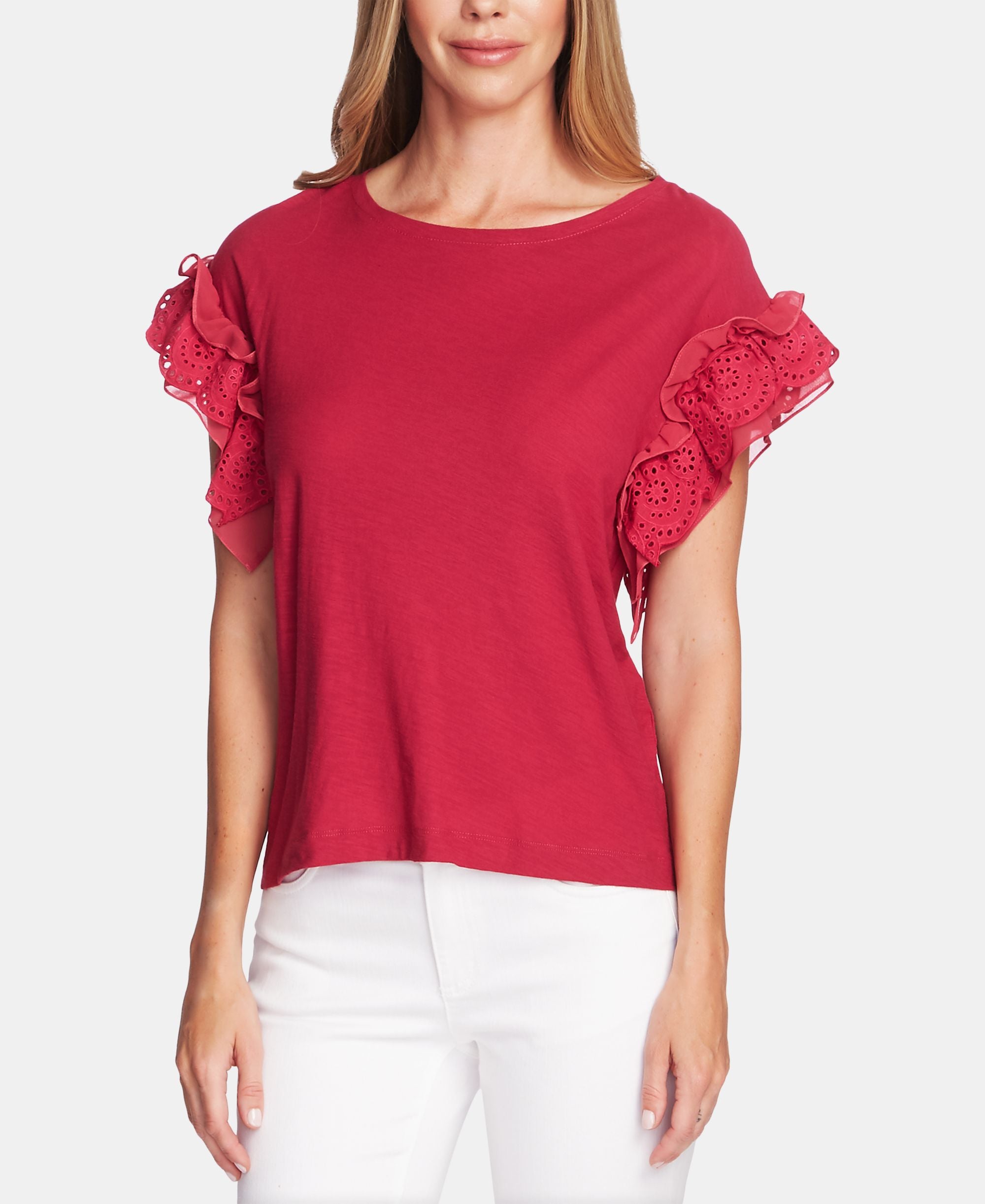 Vince Camuto Eyelet Trim Mixed Media Top