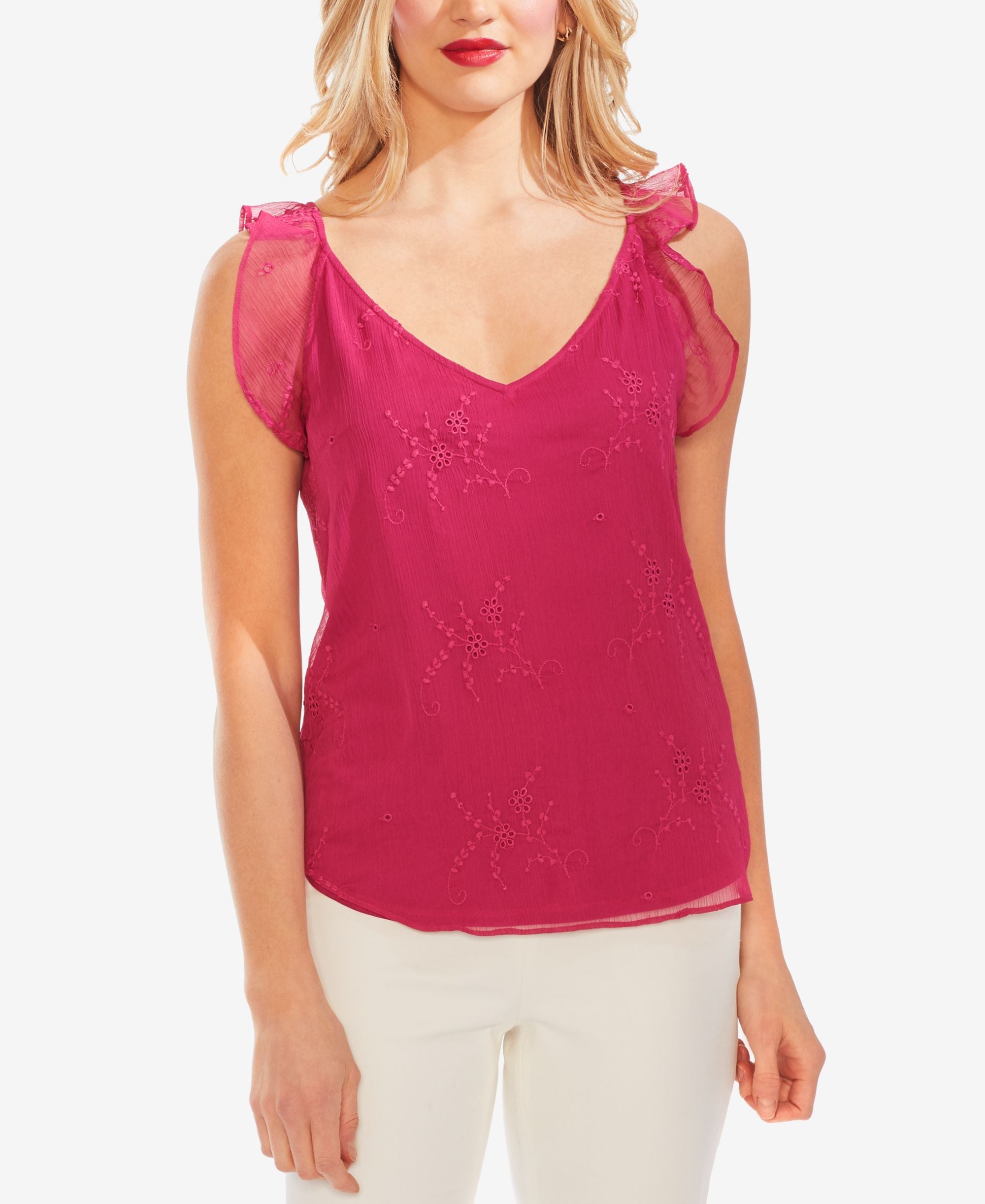 Embroidered Flutter-Sleeve Top