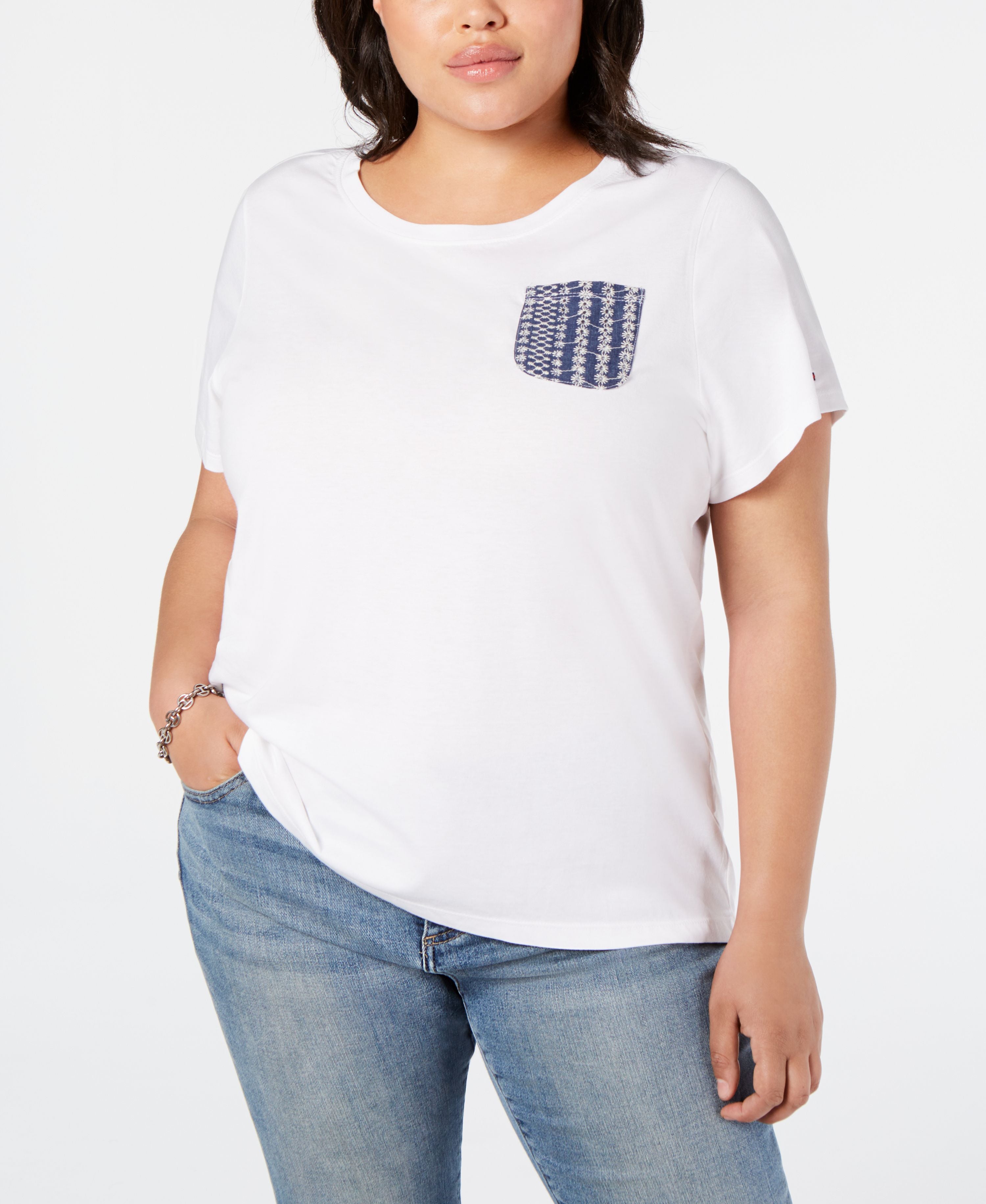 Tommy Hilfiger Womens Plus Cotton Pocket T-Shirt White 0X