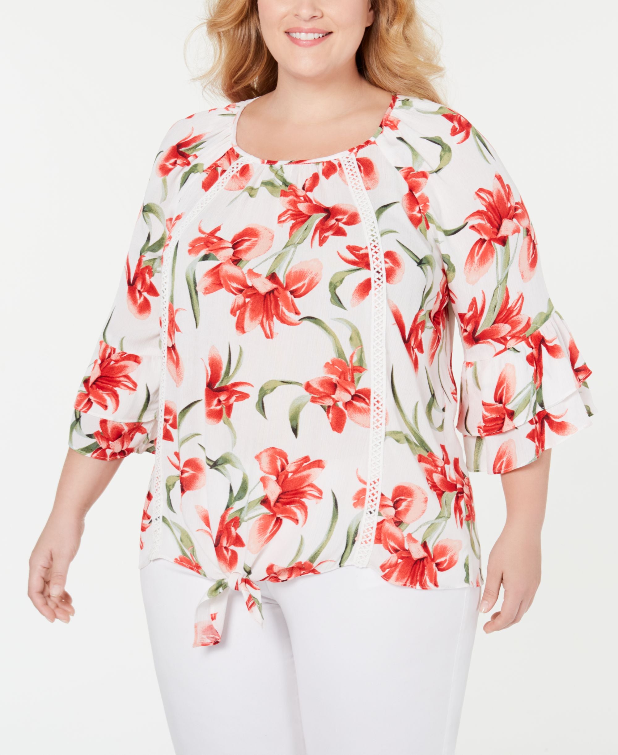 JM Collection Plus Size Floral Print Tie Hem Top